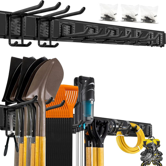 Garage Tool Organizer Wall Mount, 48-Inch Multi-Functional Garage Hooks Heavy Duty with Sliding Track, Black Coating, Non-Slip Pads, and Rubber Protectors for Garage Organization and Garage Storage