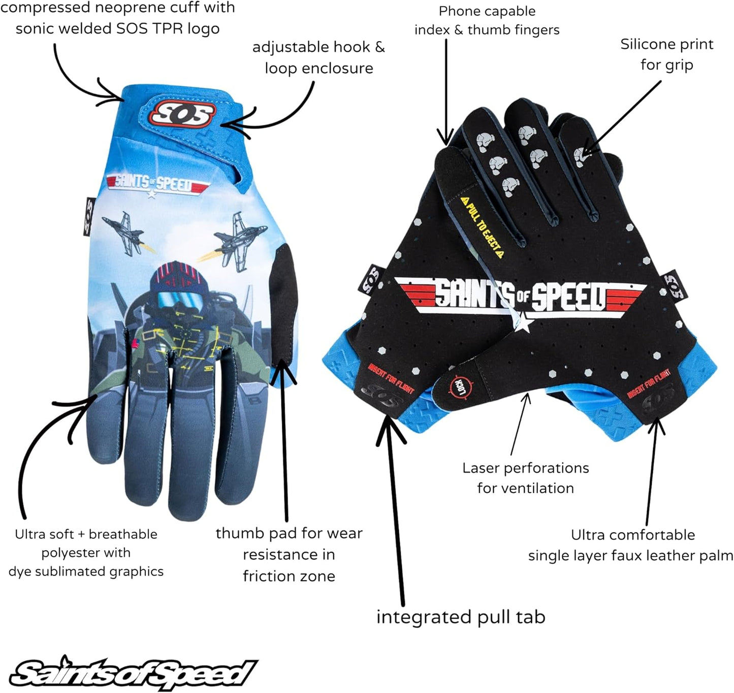 Saints of Speed Dirt Bike Gloves – Motocross, Mountain Bike, Motorcycle, BMX, Jetski, Sim, Karting, Airsoft, Paintball, Driving & Racing Bike Gloves + Phone & Touch Screen Capable