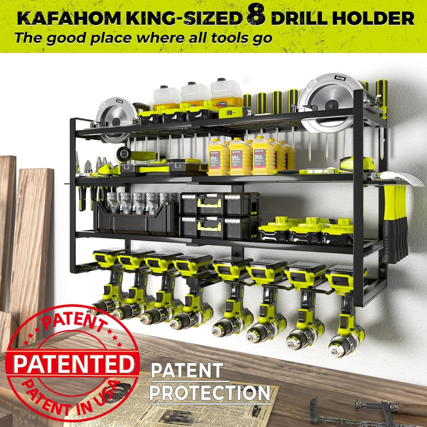 KAFAHOM Power Tool Organizer-8 Drill Holder Wall Mount,4 Layer Heavy Duty Metal Power Tool Storage Rack,Garage Tool Organizer and Storage with Screwdriver Holder/Plier Holder/Hammer Holder