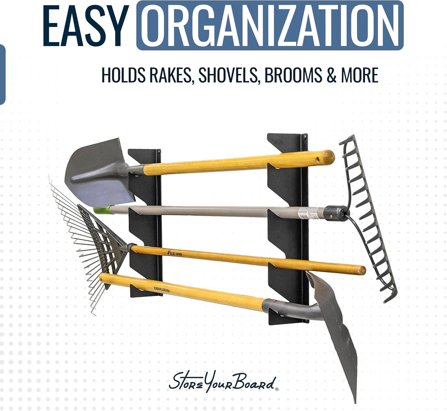 StoreYourBoard Shed Tool Organizer Wall Mount, Garage Organization, Garden Tool Organizer for Shovels and Rakes, Solid Steel Holds 100 lbs