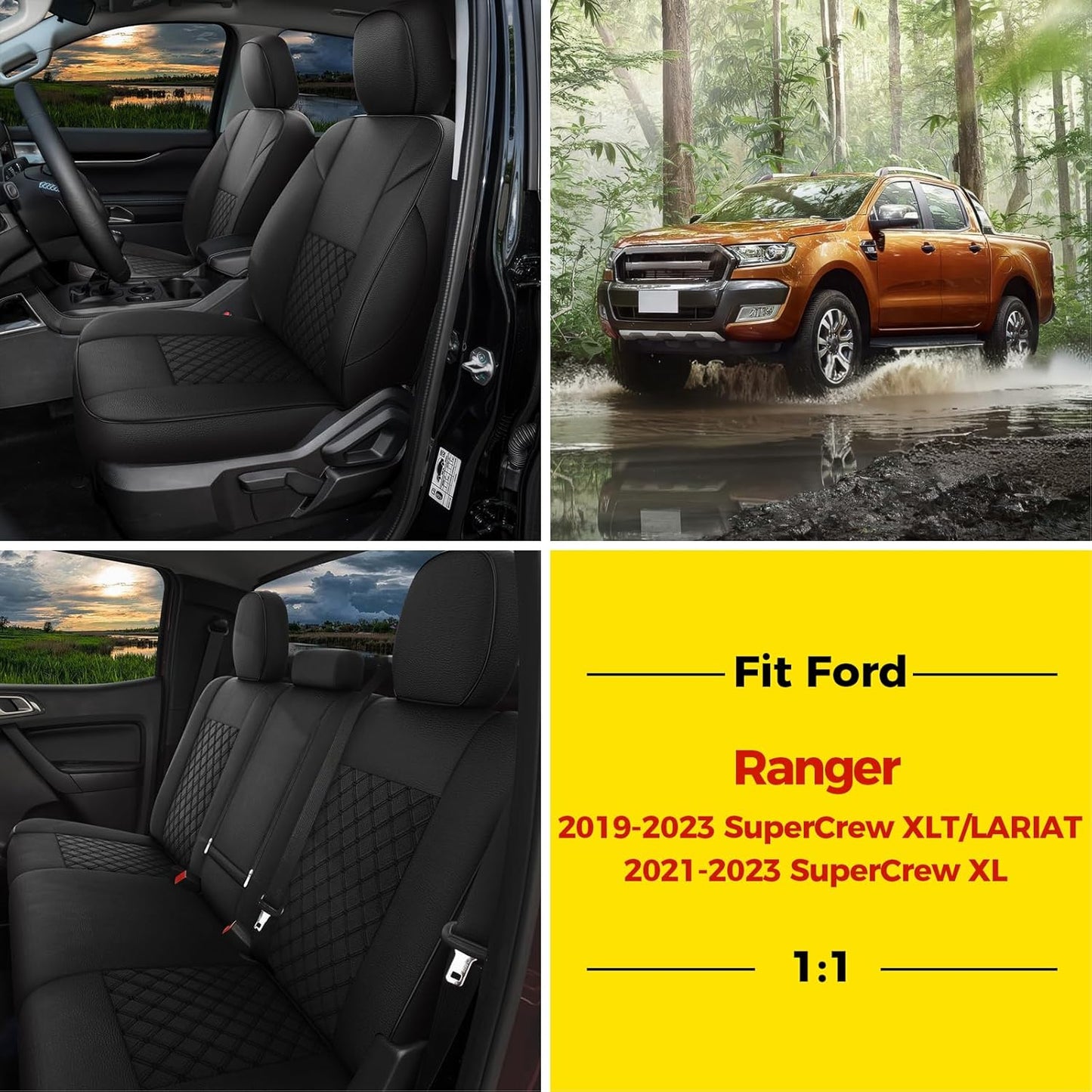 GIANT PANDA Customized Full Set Car Seat Covers Fit 2019 2020 2021 2022 2023 Ford Ranger SuperCrew(XLT,Lariat), 2021-2023 SuperCrew XL，Black