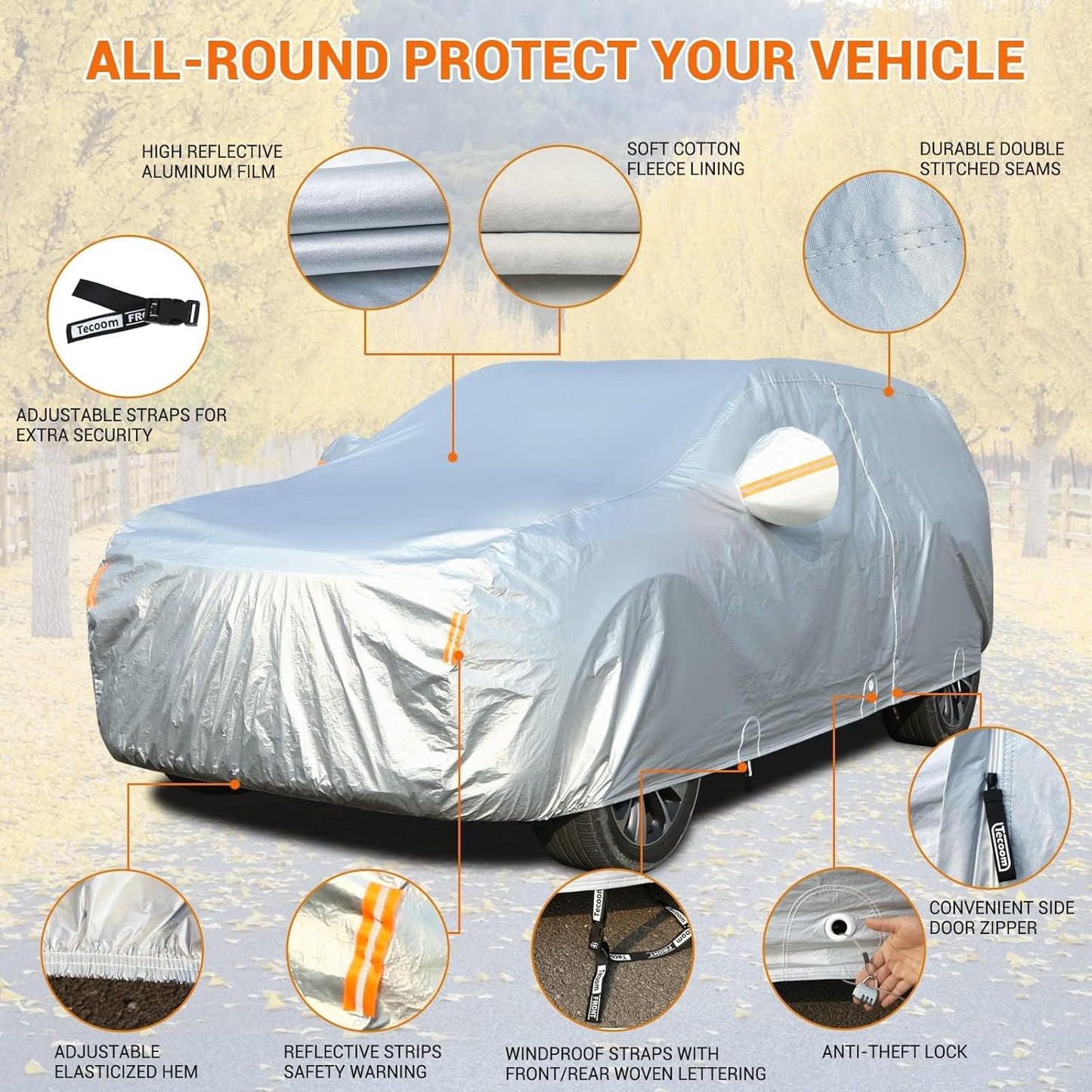 Tecoom SUV Car Cover Waterproof All Weather, Fleece Lining Car Covers for Automobiles with Zipper Door Lock, Wind Snow Proof Sun UV Protection Outdoor Winter Full Car Cover Fit for 216-230 Inch SUV