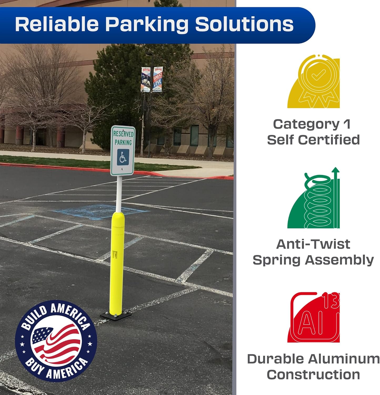 Impact Recovery - Sta-Rite Flexible Sign Post - Sign Holder - Handicap Parking Signs - Made in the USA - 78” with Yellow Bollard - Reserved Parking Signage