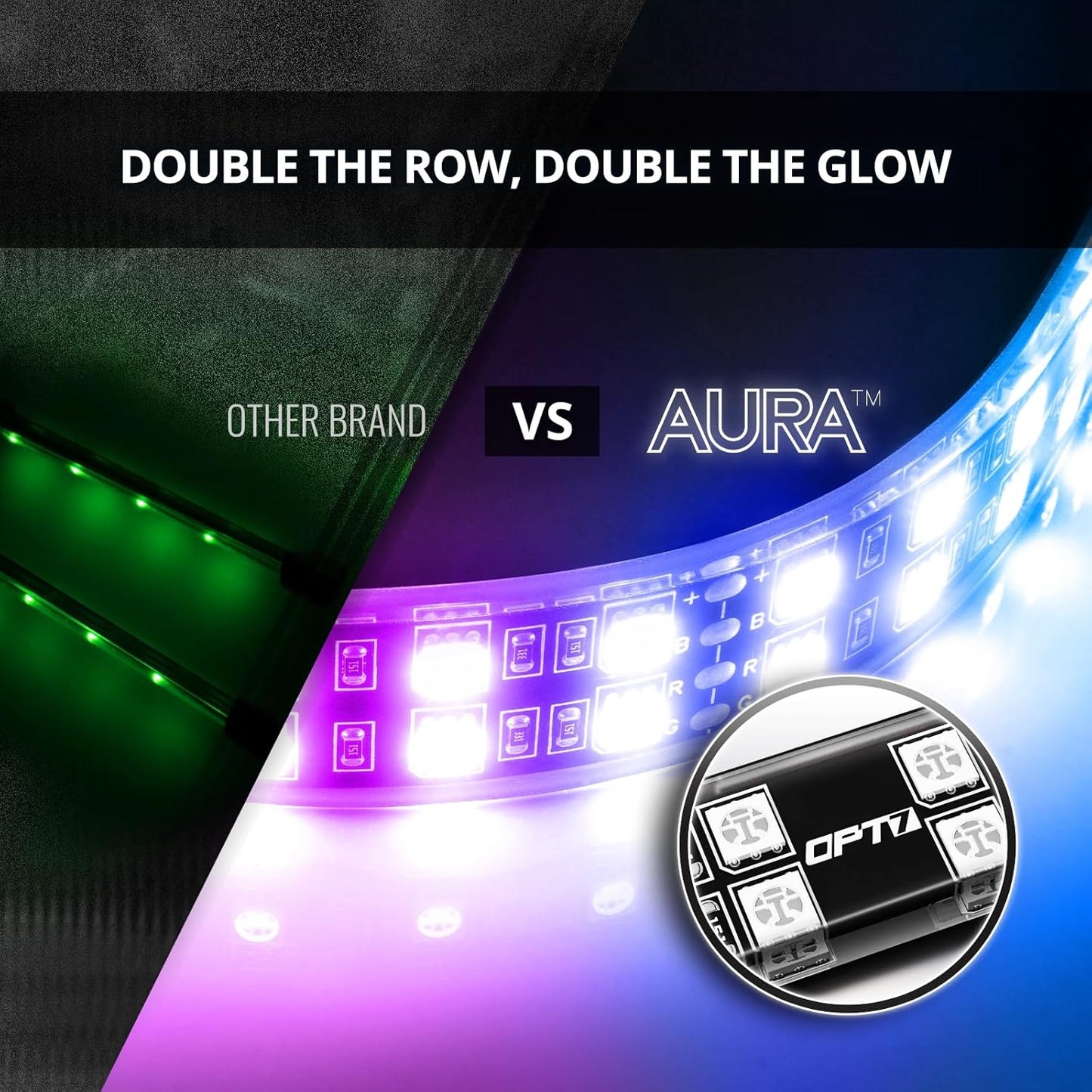 OPT7 Aura DreamColor Interior Light Strips, 4PC Double RGB-IC LED Color Chasing Kit w/APP & Remote Control, Underdash Ambient Lighting Universal for Vehicles Cars Trucks SUVs