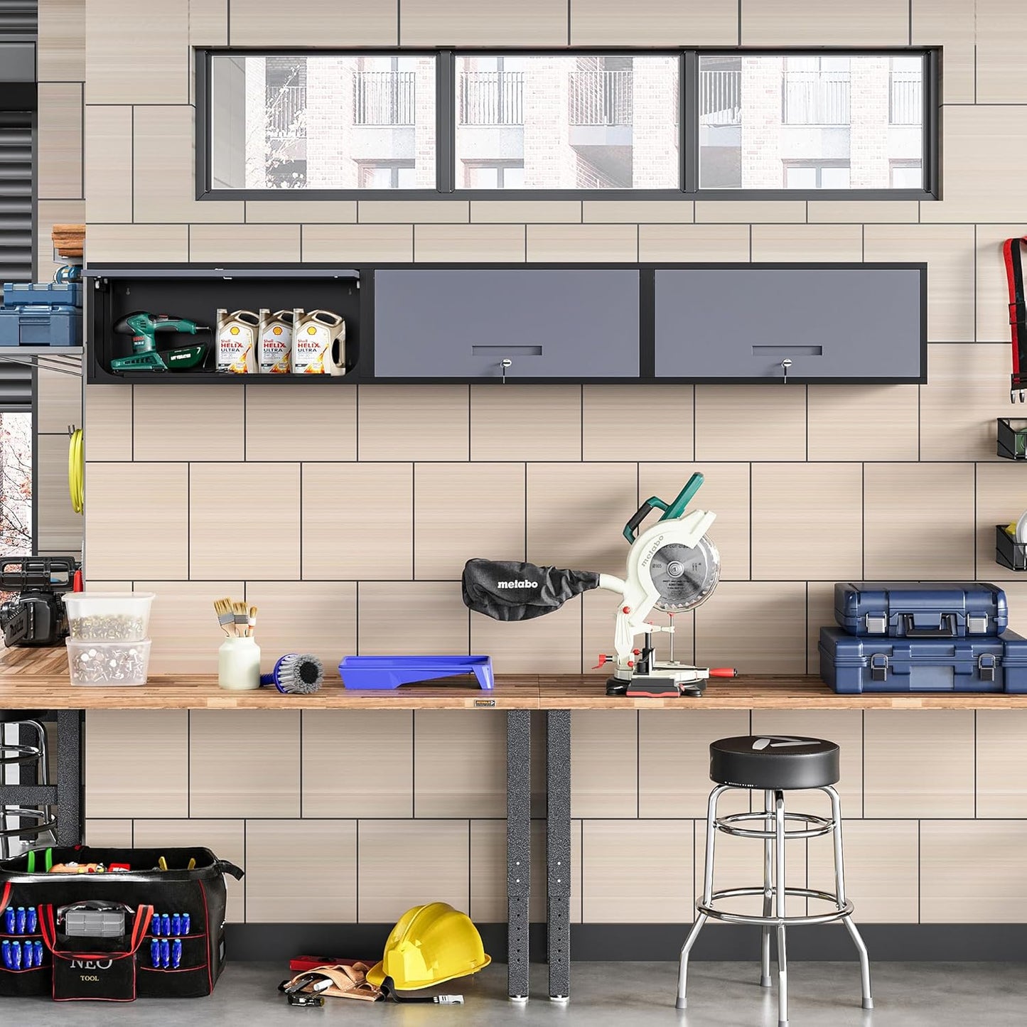 Metal Wall Storage Cabinet with Up-flip Door, Wall-Mounted Storage Cabinet for Garage, Warehouse, Home, Office, Assembly Required (Black Grey, One Cabinet), WC-0725