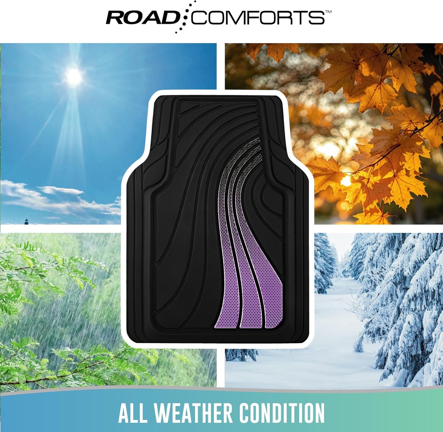 Road Comforts Car Floor Mats Full Set – Front & Rear Car Floor Mats with Aluminum Design, Anti-Slip Backing, All-Weather Protection, Trim-to-Fit Car Mats for Most Sedans, SUVs & Vans - Purple