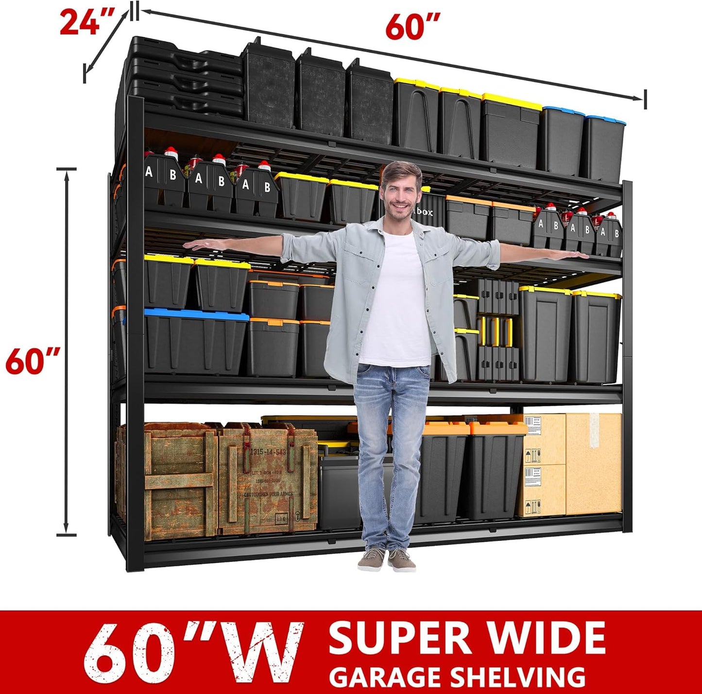REIBII 60" W Garage Shelving Heavy Duty 2500LBS Storage Shelves 4-Tier Garage Shelves, Adjustable Metal Shelving for Warehouse, Pantry, Kitchen, Commercial, 60" W*60" H*24" D
