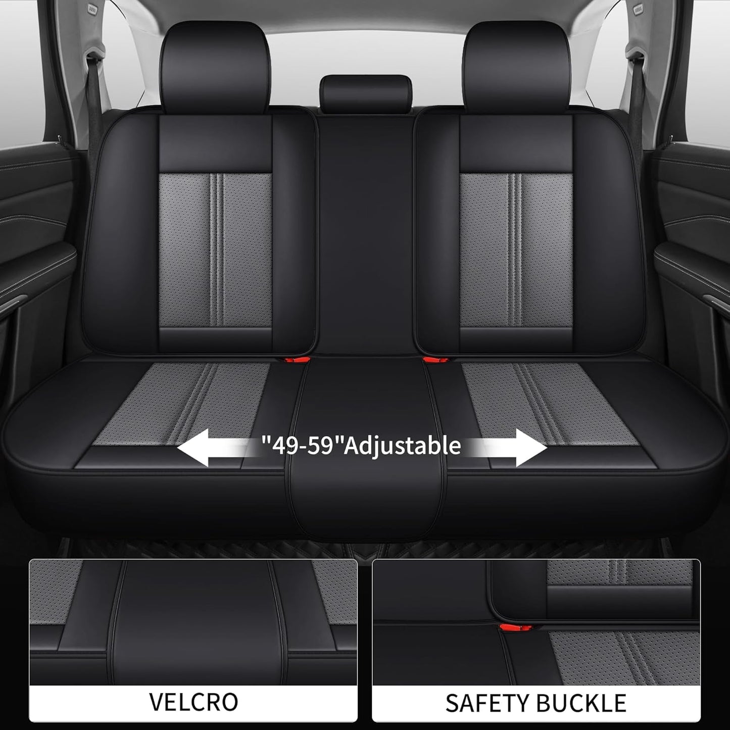 Car Seat Covers Full Set, Black Seat Cover for Cars Compatible Airbag, Easy Install Luxury Leather Automotive Seat Covers with Lumbar Support, for Car, Truck, SUV, Grey