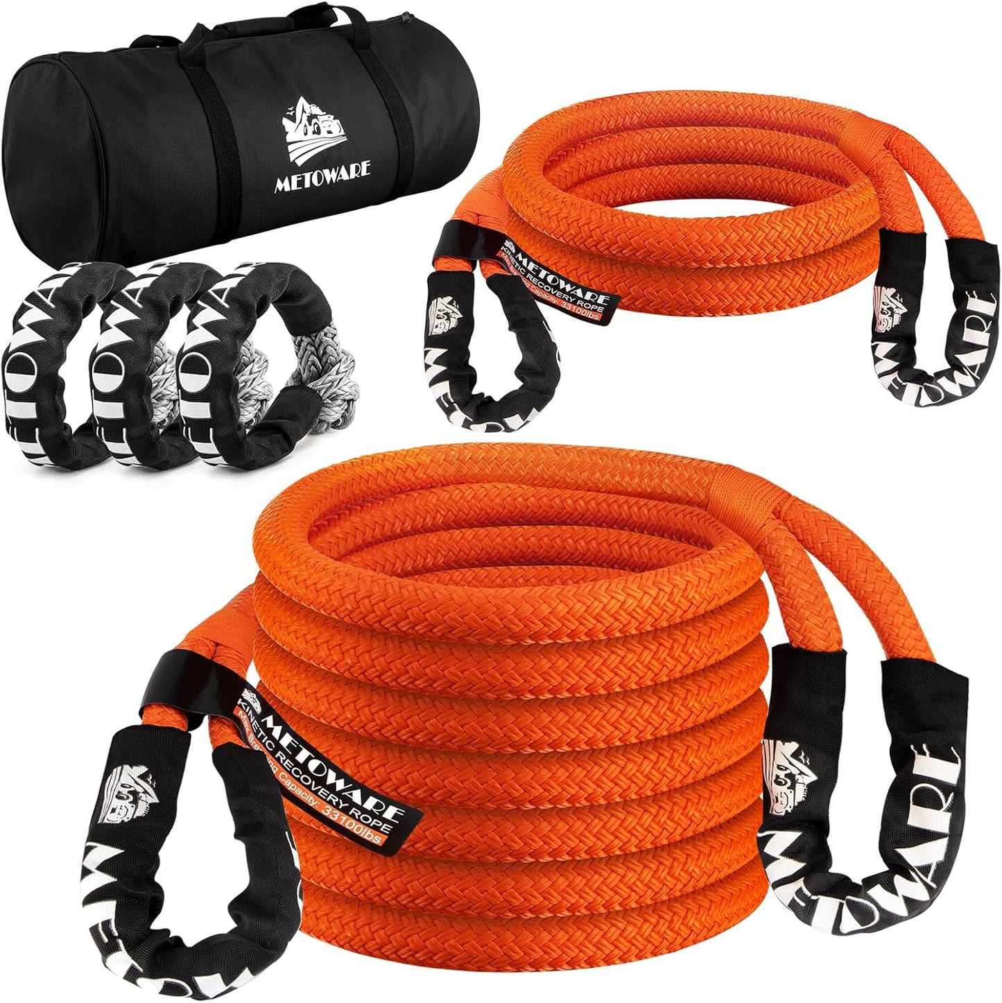 METOWARE Recovery Kit, Kinetic Recovery Rope (1'' x 10ft + 1'' x 20ft) 35,000 LBS with 1/2inch x 22 Inch Soft Shackles, Tow Rope Recovery Kit for UTV, ATV, Truck, Car