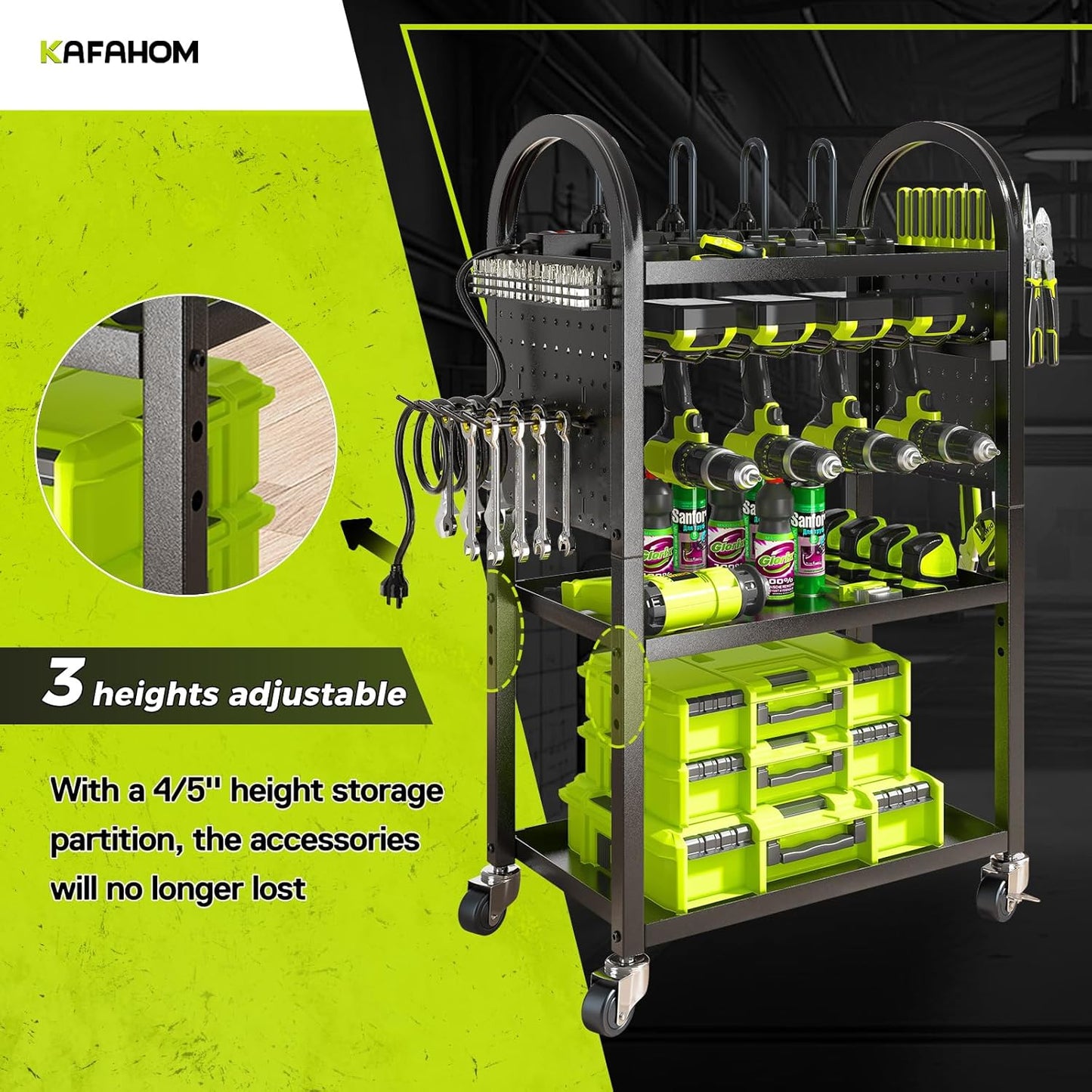 KAFAHOM Power Tool Organizer Cart with Charging Station,Garage Floor Rolling Storage on Wheels for Mechanic,Mobile 8 Drill Holder, Utility Cart with Battery Charging 8 Outlet Power Strip