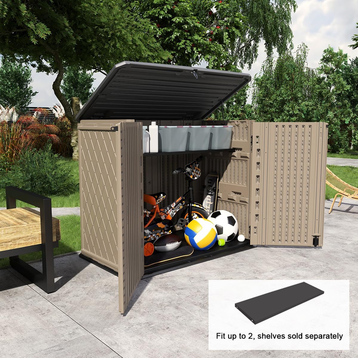 KINYING Outdoor Storage Shed - Horizontal Storage Cabinet Waterproof for Garden, Patio, Backyard, Storage Box for Easy Storage of Garbage Cans, Tools, Lawn Mower, 26 Cubic Feet,Dark Brown