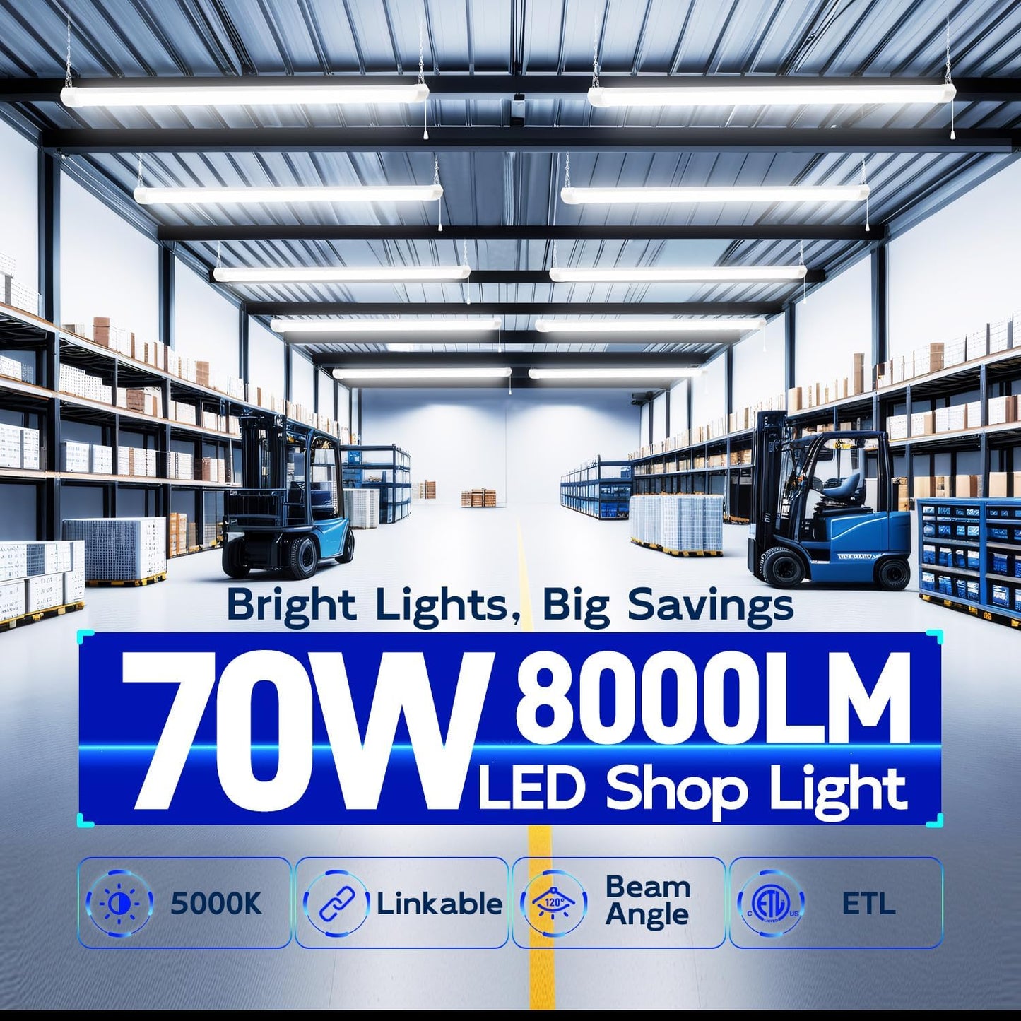 hykolity 4FT 70W LED Shop Light Linkable, 8000lm(300w Equivalent), 5000K Utility Shop Lights for Garages, Workshops, Basements, Hanging or FlushMount, with Power Cord and Pull Chain, ETL, 4 Pack