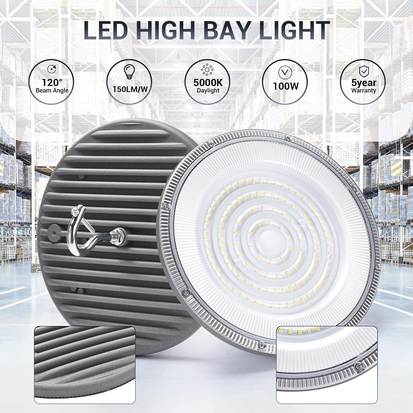 15 Pack 100W UFO Led High Bay Light,IP66 Waterproof,120VAC,15050LM 5000K Daylight Area Lighting,450W MH/HPS with Plug Commercial Bay Lighting for Warehouse/Shop/Workshop/Barn/Gym/Factory