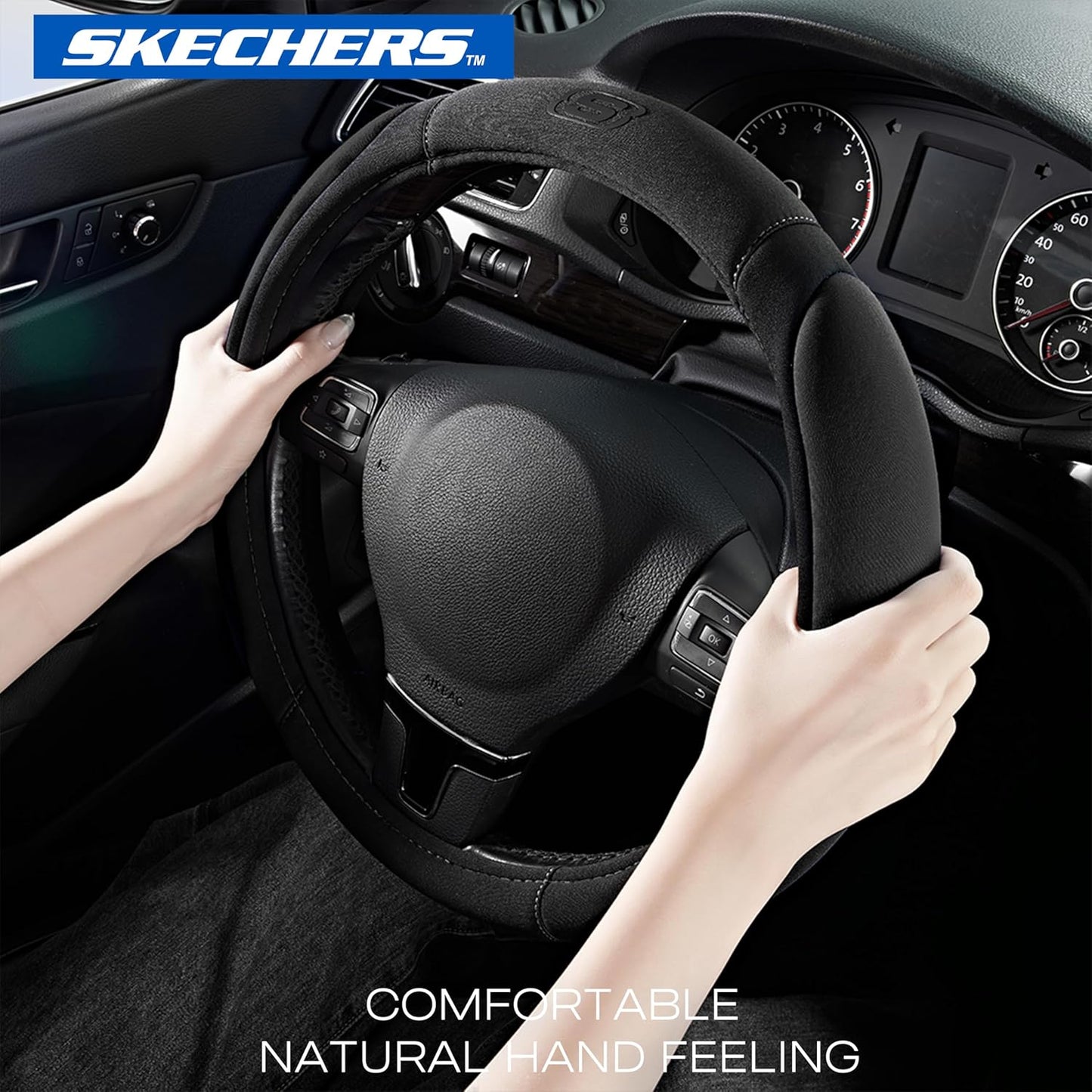 Skechers Steering Wheel Cover, Memory Foam Car Steering Wheel Cover,14.5-15inch Anti-Slip Safety Comfortable Desgin, Universal Accessory for Diverse Cars, Truck,SUV (Black & Black)