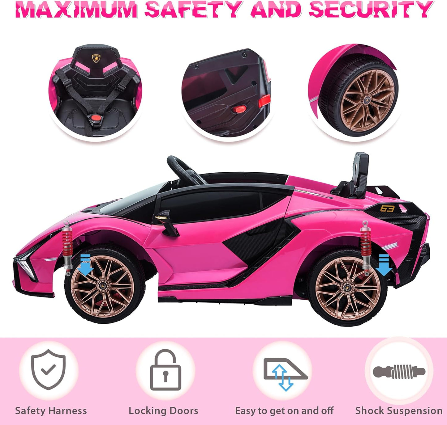 Licensed Lamborghini SIAN Kids Electric Ride On Car Toy by TOBBI, 12V Battery Powered Vehicle with Parent Remote Control for Toddlers 3-6 to Drive w/Functions/Seatbelt/Horn/LED Lights-Pink