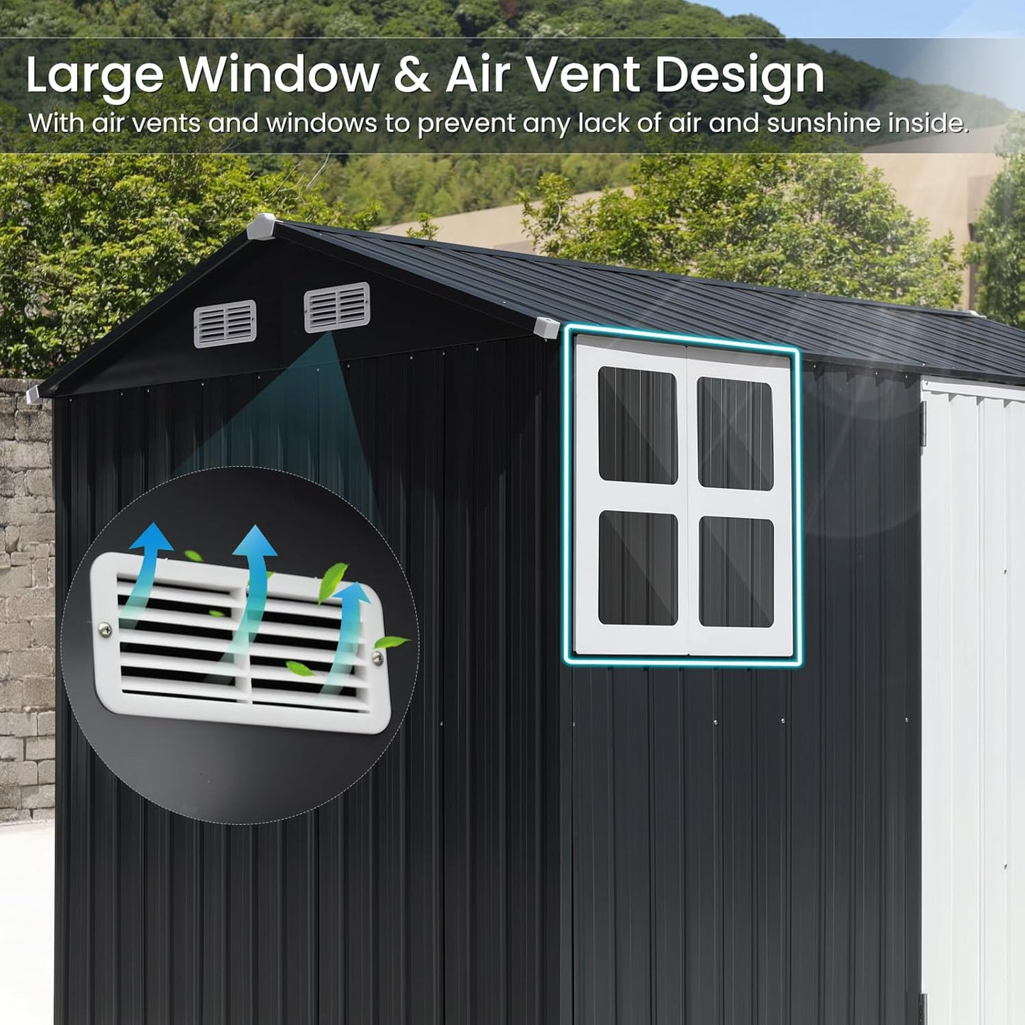 Verano Garden 8x6FT Outdoor Storage Shed, Galvanized Steel Metal Garden Shed with Large Window, Lockable Double Door, Outdoor Tool Shed for Backyard, Patio, Lawn(96.65"x71.85"x77.56")