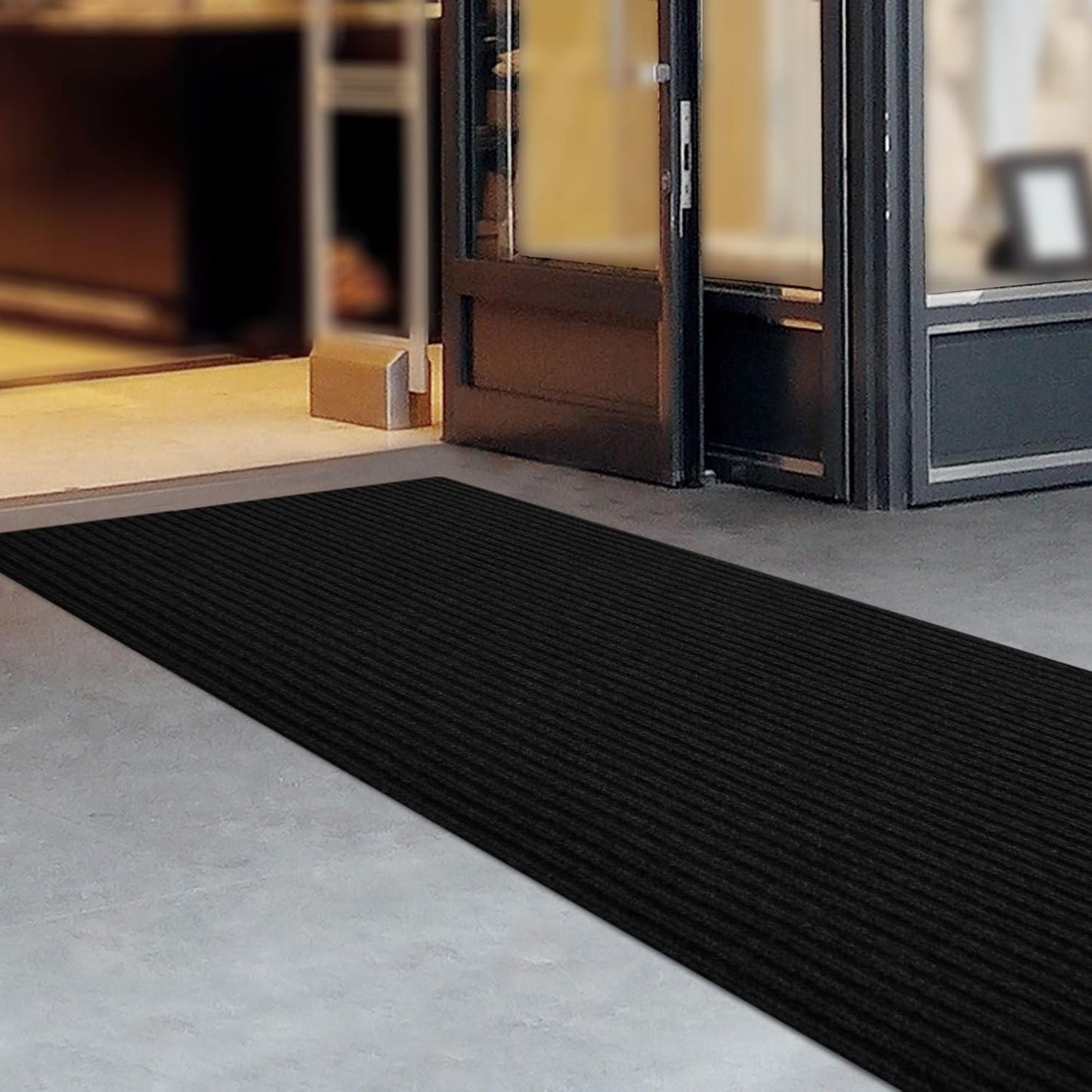 iCustomRug Spartan Weather Warrior Indoor/Outdoor Utility Ribbed Carpet Runner with Non-Slip Thermoplastic Rubber Backing, 28in X 54ft in Black