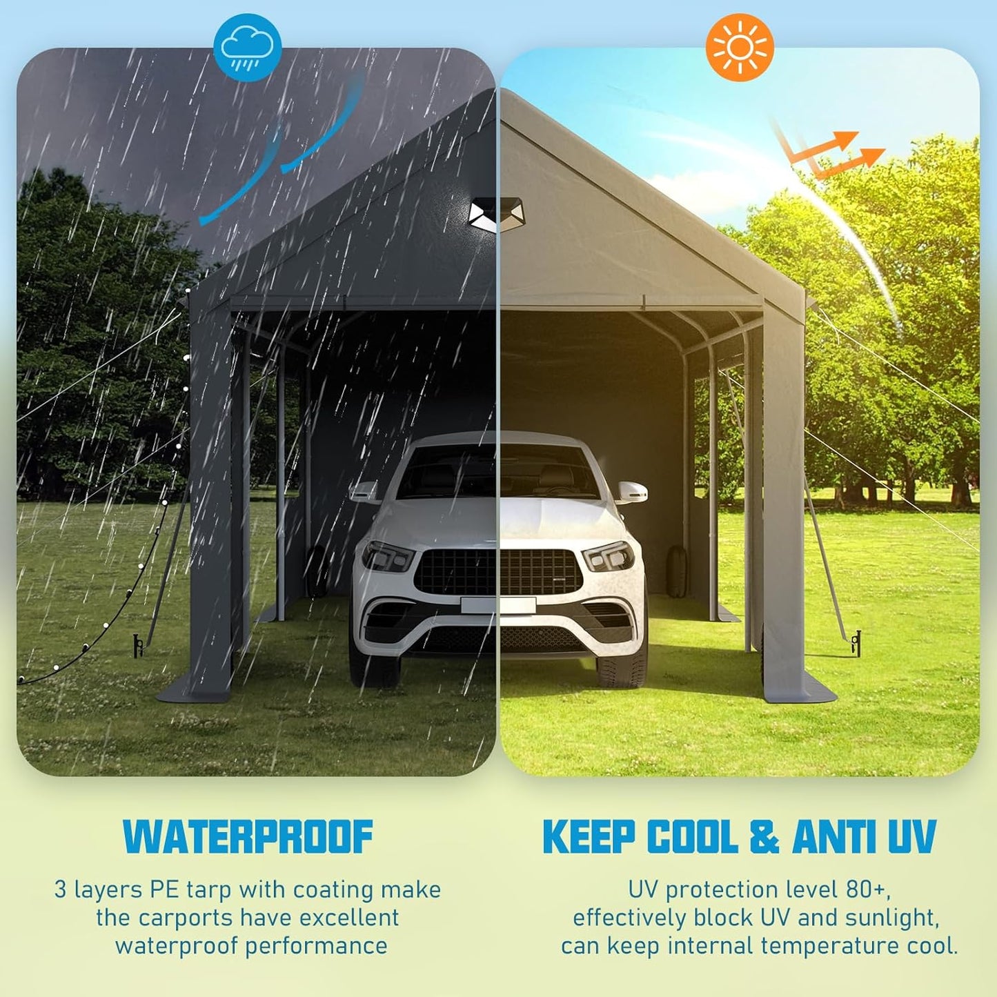 10x16 Carport, Heavy Duty Carport Canopy Garage with Removable Sidewalls and Drive Through Roll Up Zipper Doors & Side Doors, Grey