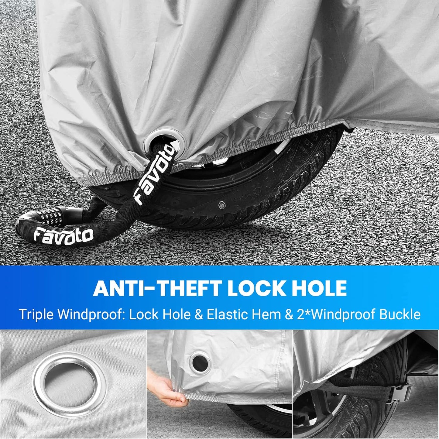 Favoto Motorcycle Cover Waterproof Outoor - Universal Heavy Duty Oxford Fabric with Lock-Hole 3 Night Reflectors Windproof Buckles Storage Bag Rain Dust Sun Protection Silver, 86.6 inch