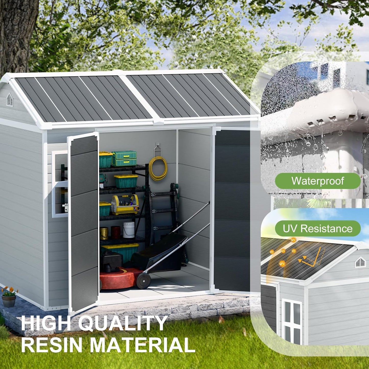 8x6x7 FT Resin Storage Shed, Waterproof Outdoor Shed w/Floor Included, 2 Windows, Double Lockable Doors & Vents,Outside Plastic Tool Sheds for Garden, Lawn, Backyard, Dove Grey