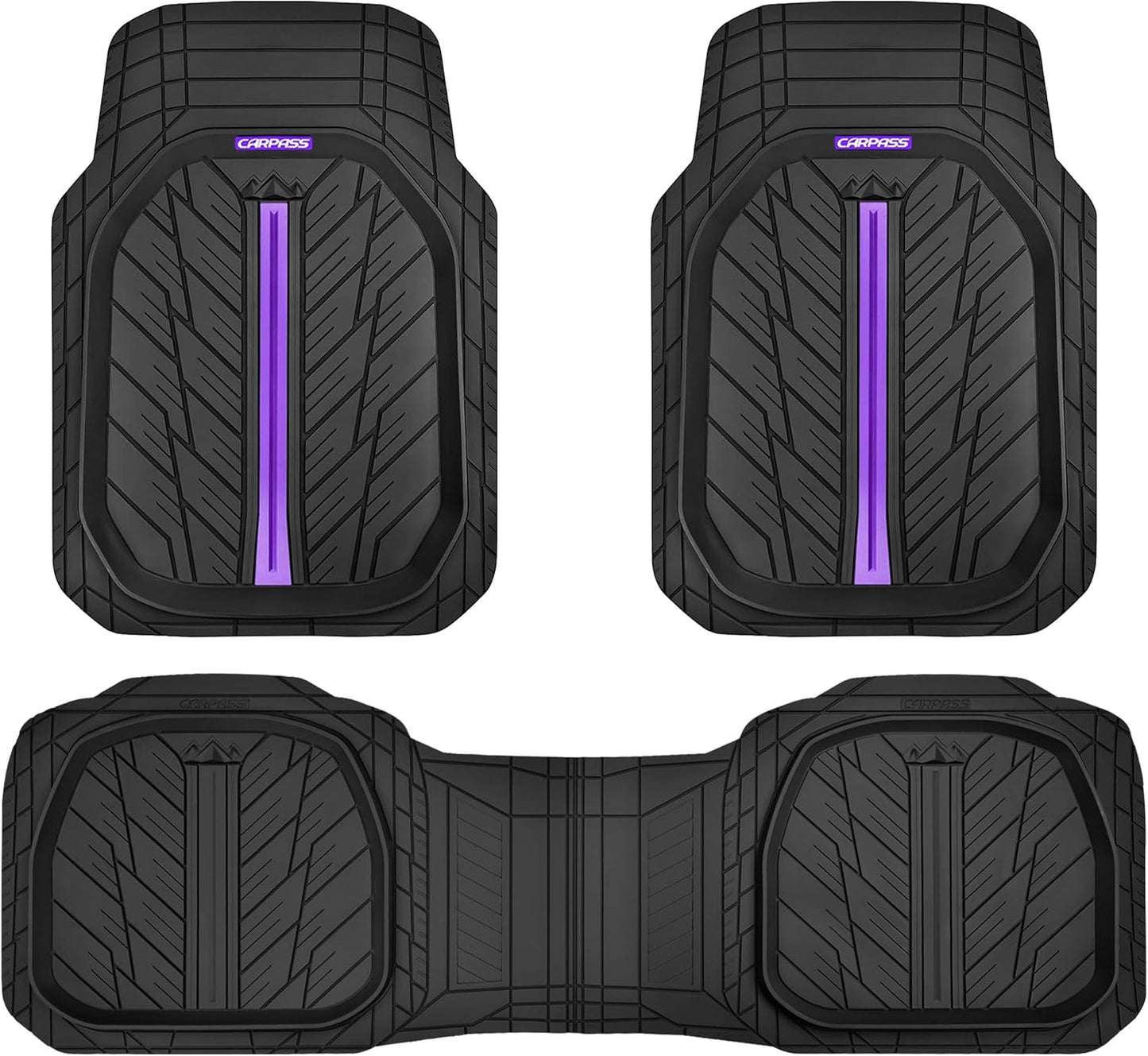 CAR PASS Tire Tread DeepDish Rubber Floor Mats for car Heavy Duty car mats All Weather, Universal XL~M Trim to Fit for Truck SUV Vehicle Automotive, Waterproof car mats 3 Piece (Purple Black)