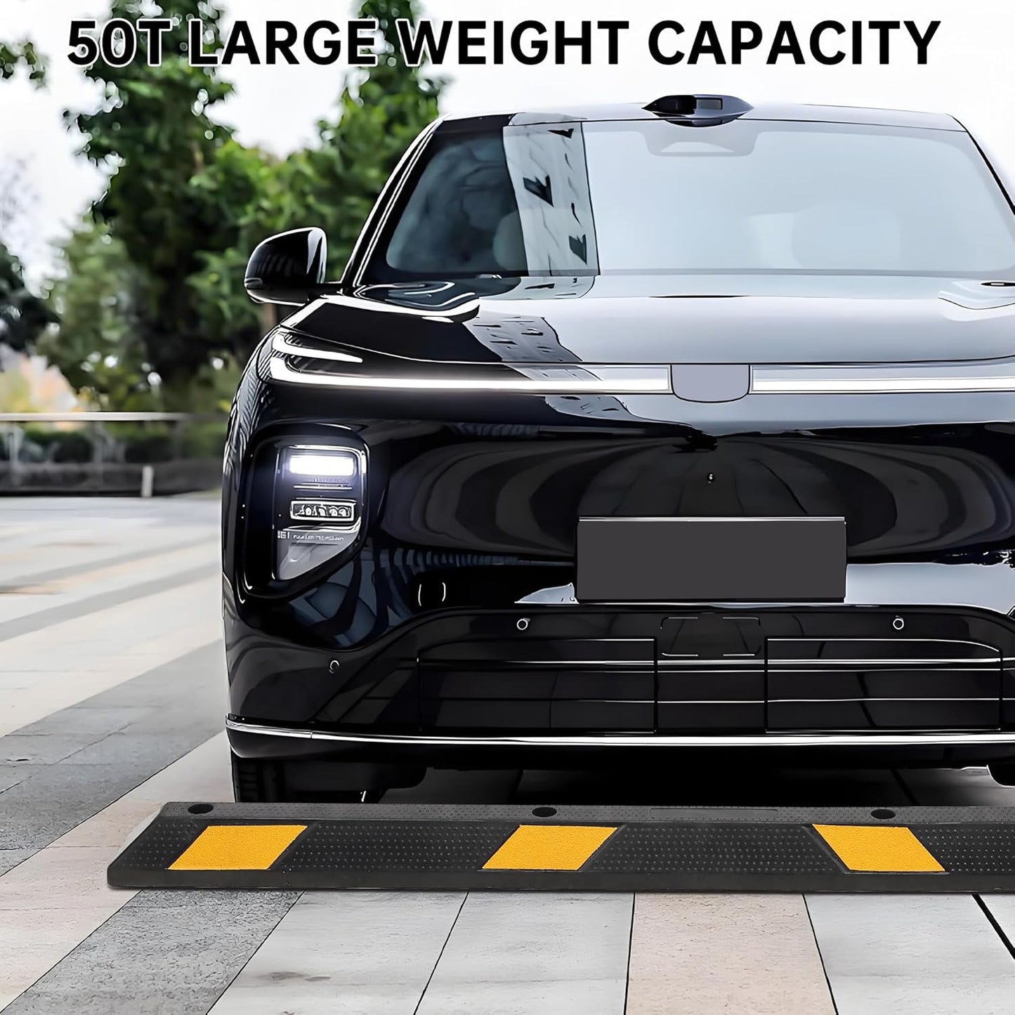 Pack of 2-72" Parking Stoppers for Garage, Heavy Duty Rubber Parking Curb with Reflective Stripe, Garage Floor Wheel Stopper for Car Vehicles Truck, Installation Kit Included