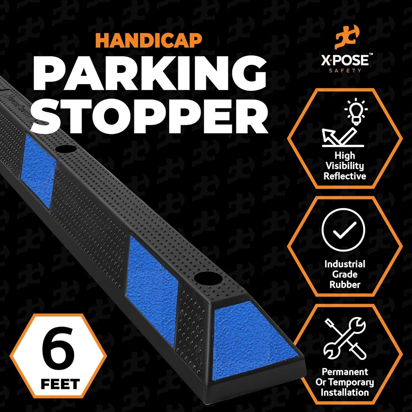Xpose Safety 72" Heavy Duty Rubber Parking Stopper – Bulk Half Pallet 24 Pack Wheel Blocks for Garage, Driveway, or Ramp – Car Bumper Stop with Blue Reflective Strips – Removable Floor Mount