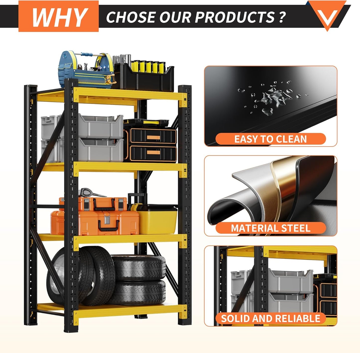 3000LBS Garage Shelving 32" W Garage Shelving Heavy Duty 4-Tier Metal Storage Shelves Adjustable Shelf Unit Storage Rack for Basement Supermarket Warehouse 32" W x 20" D x 63" H Yellow