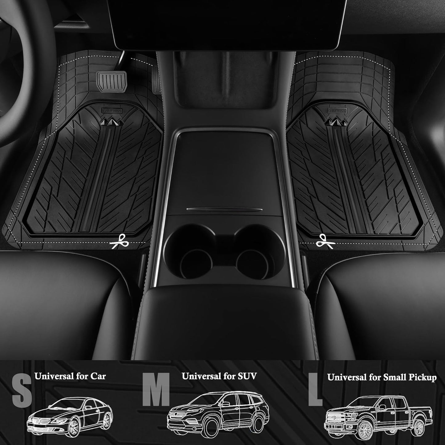 CAR PASS Small DeepDish Floor Mats for Cars, Heavy Duty Rubber Car Mats 2-Piece, Universal Trim-to Fit Automotive Floor Mats Front Only for Truck Van SUV Waterproof All Weather Car Mats (Black)