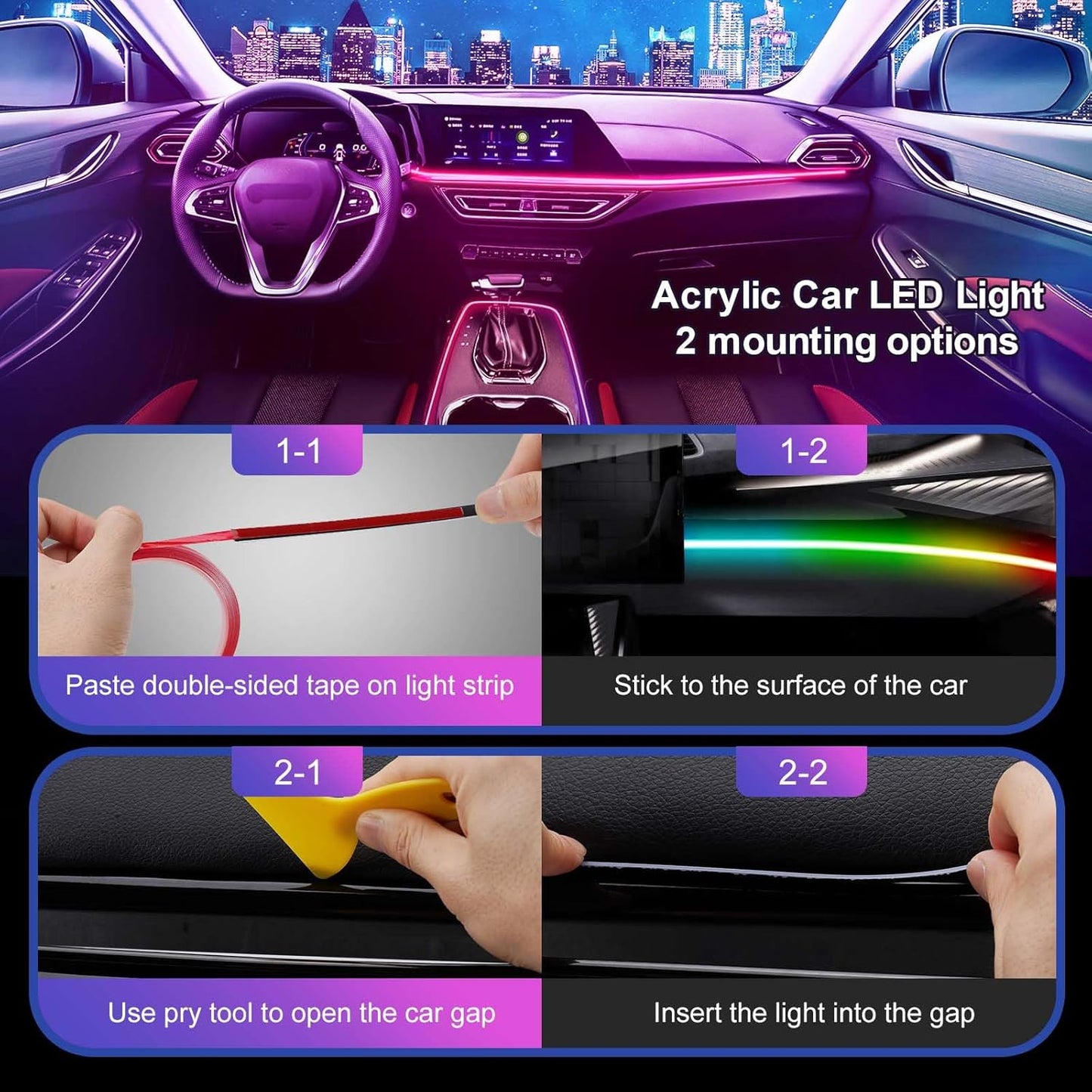Acrylic LED Lights for Car, 43.3in RGB Strip Light Car LED Lights Interior with USB Port, App Control, Music Sync, 146 LEDs Interior Ca r Lights for Women Men Gifts
