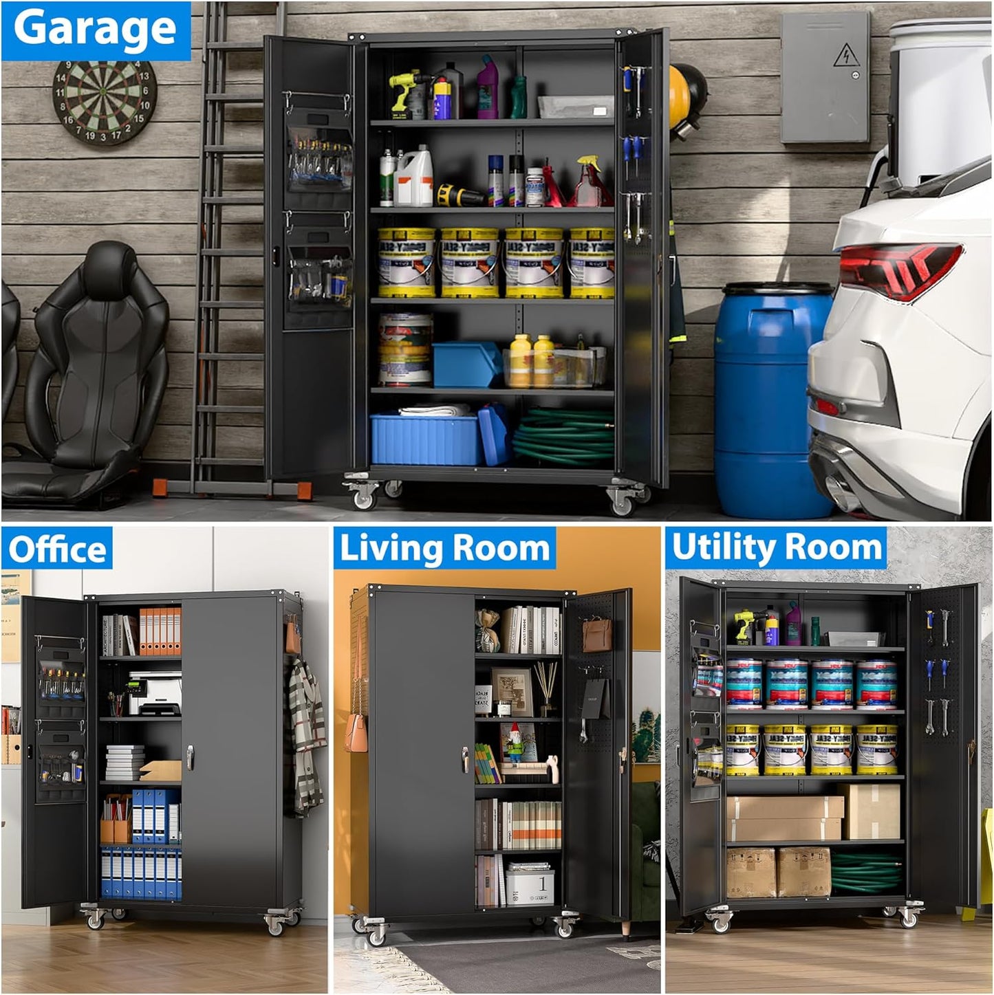 2025 Upgraded Wide & Deep Garage Storage Cabinet with Wheels, Lockable Metal Storage Cabinet with Pegboards and 9 Hooks, 2 Tool Pouches for Garage,4 Adjustable Shelves (Black,43''W x 22''D x 72''H)
