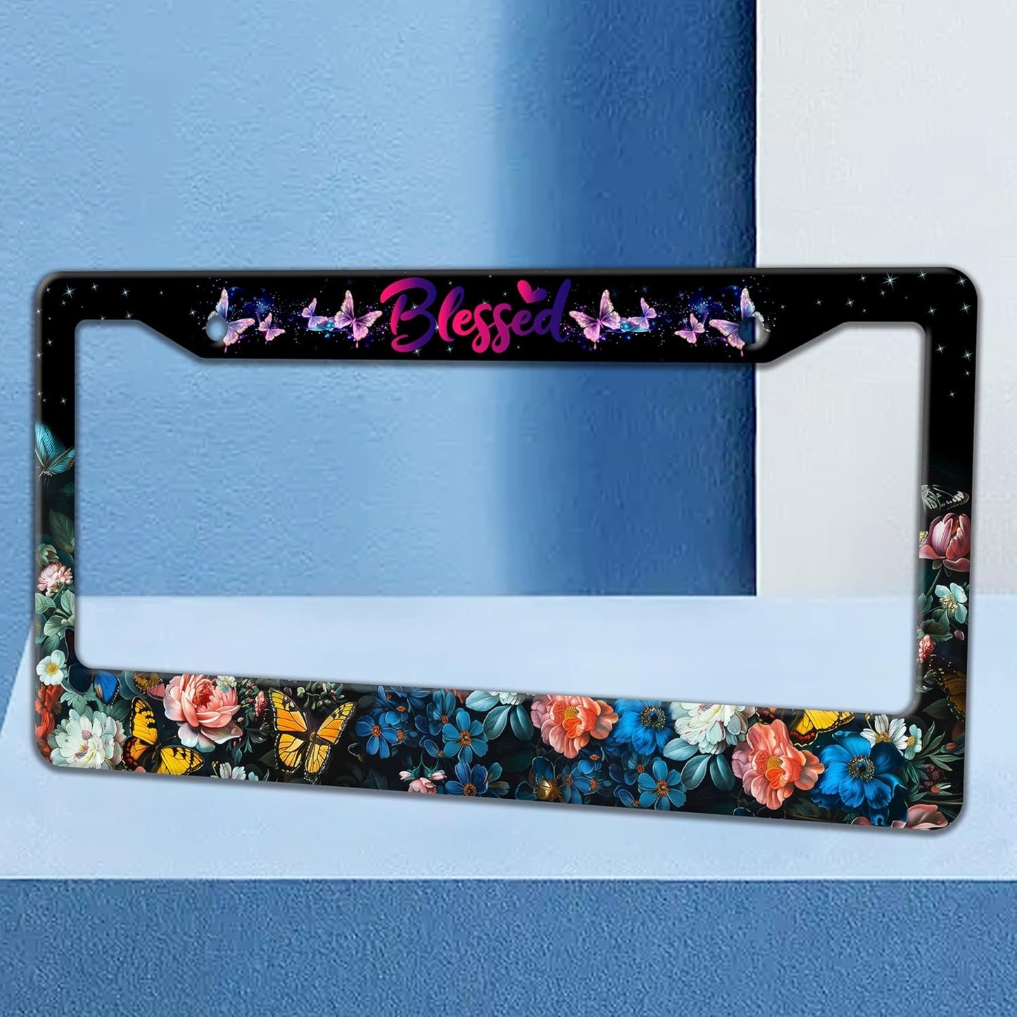 Blessed License Plate Frame Beautiful Butterfly Flowers License Plate Holders Funny Stainless Steel Auto Accessory Bracket 2 Hole with Screws Universal Us Car License Plate Frames 6x12 Inch