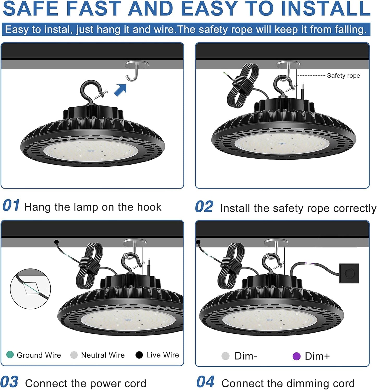 6 Pack 300W LED High Bay Light, UL&DLC Listed 41000LM Dimmable UFO High Bay LED Lights for Warehouse, 5000K Daylight IP65 Waterproof Commercial Bay Lighting 𝐀𝐂𝟏𝟎𝟎-𝟐𝟕𝟕𝐕