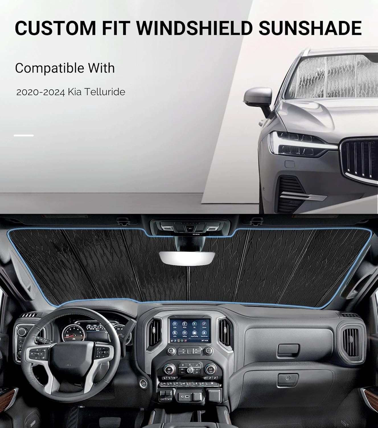 Windshield Sun Shade for Kia Telluride 2020-2024,Front Window Sunshade Shield, 2-in-1 Reflective Sun Shade,Silver for Summer, Black for Winter