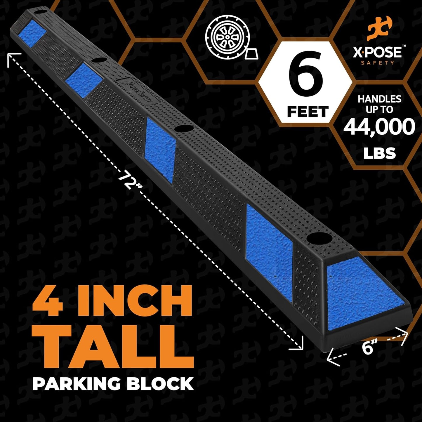 Xpose Safety 72" Heavy Duty Rubber Parking Stopper – 10 Pack Wheel Blocks for Garage, Driveway, or Ramp – Car Bumper Stop with Blue Reflective Strips – Removable Floor Mount