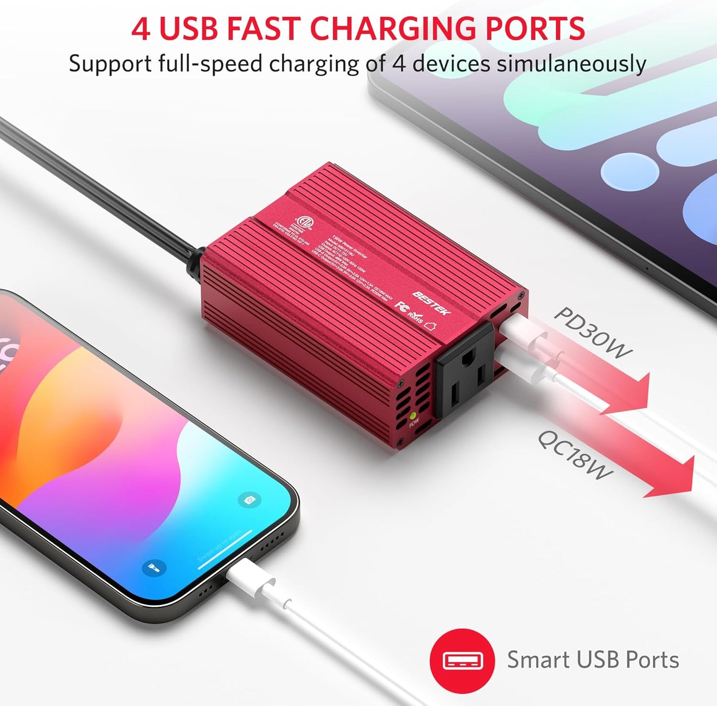 BESTEK [PD 30W&QC 3.0 18W USB Charger] 150W Car Power Inverter, DC 12V to 110V AC Converter Laptop Car Charger Outlet Adapter for car
