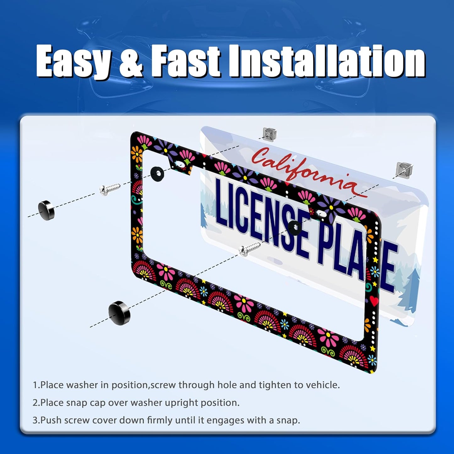 Folk Flowers Vintage Floral License Plate Frame Flower License Plate Stainless Steel Funny License Plate Holder for Men Women Universal Colorful Car Accessories Decoration 12.3" x 6.3"