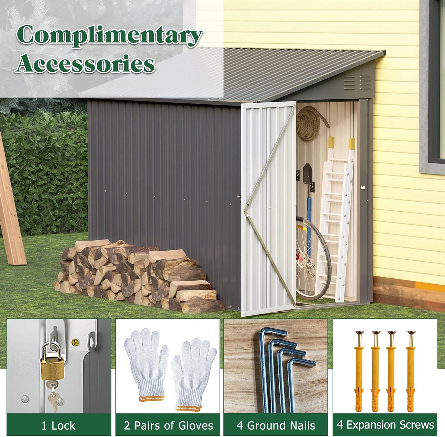 Storage Shed 4 * 8 FT Lean to Shed Metal Sheds & Outdoor Storage Cabinet Lockable Tool Organization Bike Mower Shed Portable Outside for Garden Patio, Grey