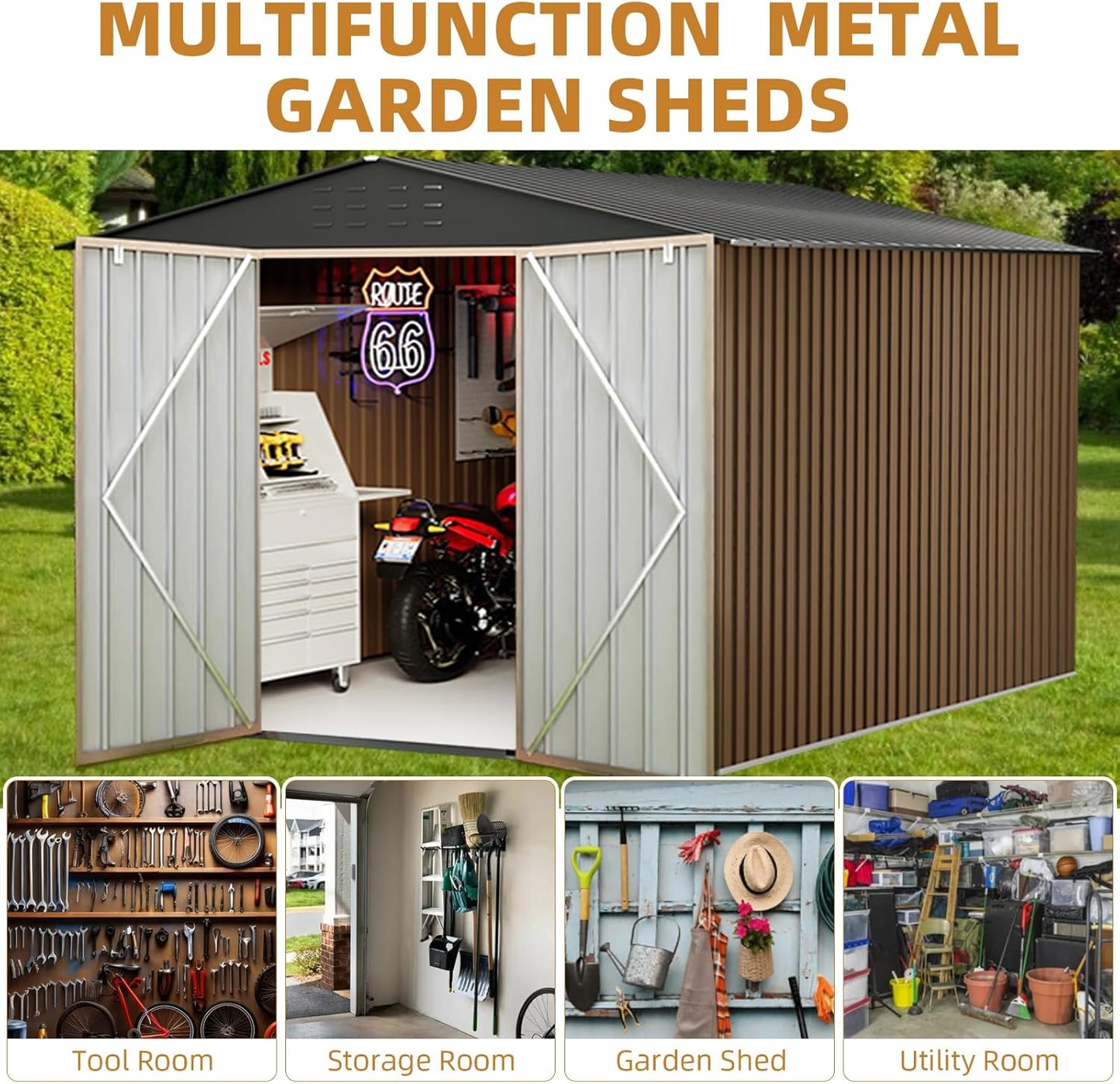 8X8FT Outdoor Metal Storage Shed, Lockable Weatherproof Garden Shed for Tools & Equipment, Durable Galvanized Steel with Sloping Roof & Ventilation, Ideal for Backyard, Patio & Garage Storage, Brown