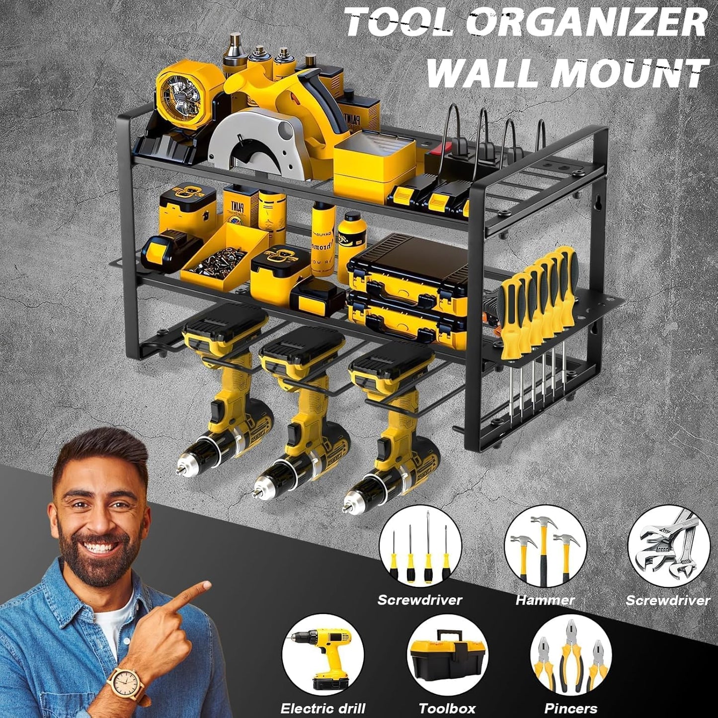 Power Tool Organizer Wall Mount, 2 Pack 3 Layers Garage Wall Shelving, 8 Drill Holder Wall Mount, Cordless Tool Organizer, Garage Storage Rack with 4 Extension Cord Holder