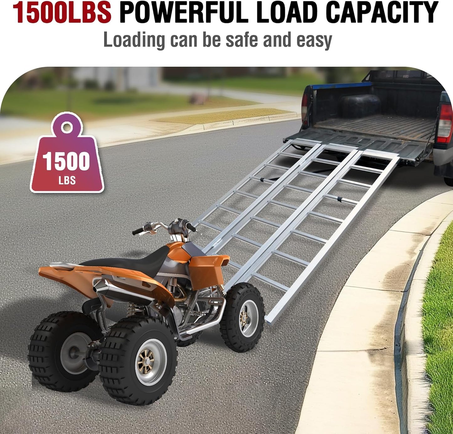 Rockland Tri-Fold Aluminum Loading Ramp, 69'' x 45'', 1500 LBS Loading Capacity, Portable Ramp for Motorcycles, Ebikes and ATVs, with 2 Safety Straps Included