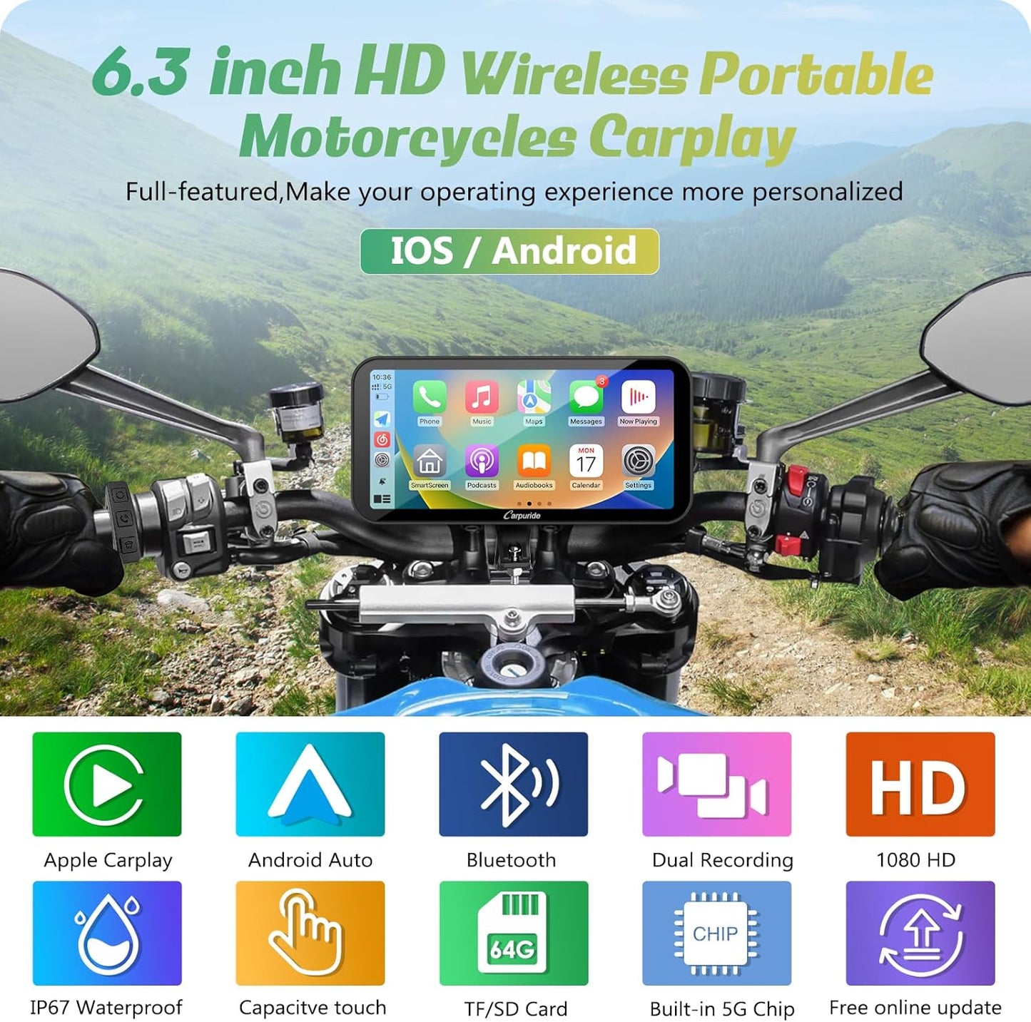 Carpuride W603D Motorcycle GPS Carplay Screen, Wireless CarPlay & Android Auto for Moto, with HD 1080P Dual Cameras, Remote Control，6.3" Waterproof Touchscreen, BT Aduio, Loop Recording, Navigation