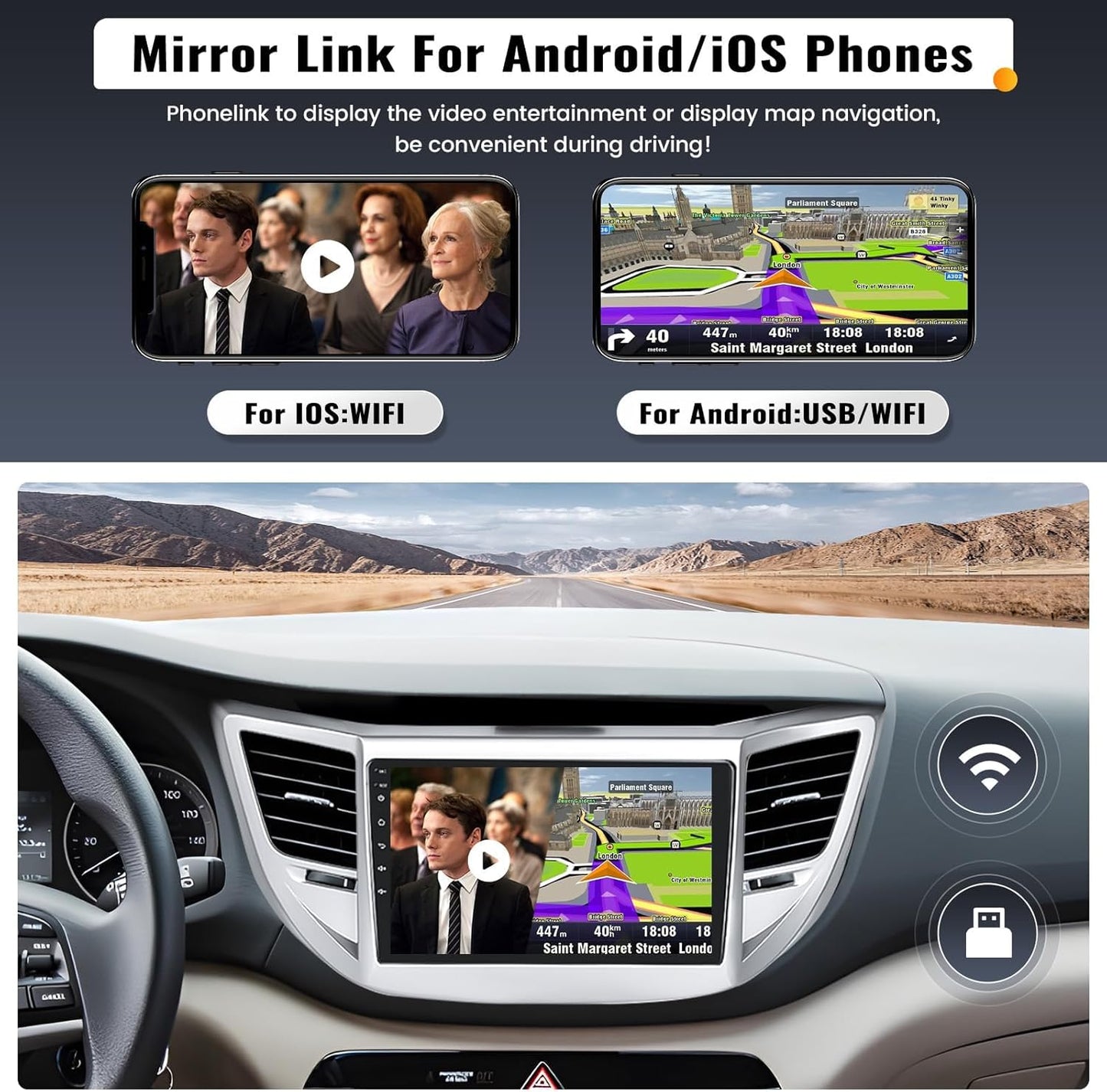 2G+64G 9 Inch Android Car Stereo for Hyundai Tucson 2015-2018 Radio Wireless Apple CarPlay Android Auto Bluetooth Touchscreen GPS Navigation Head Unit WiFi FM USB SWC Split Screen+AHD Backup Camera