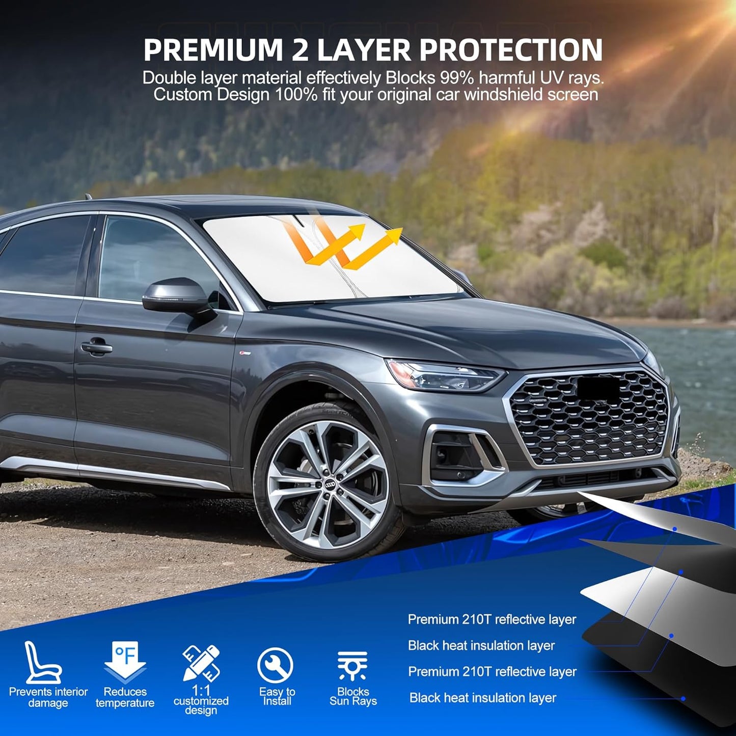 Windshield Sun Shade for Audi Q5 2018-2025 2026 Foldable Sunshade Custom Fit Front Window Car Interior Accessories Protector Blocks UV Rays