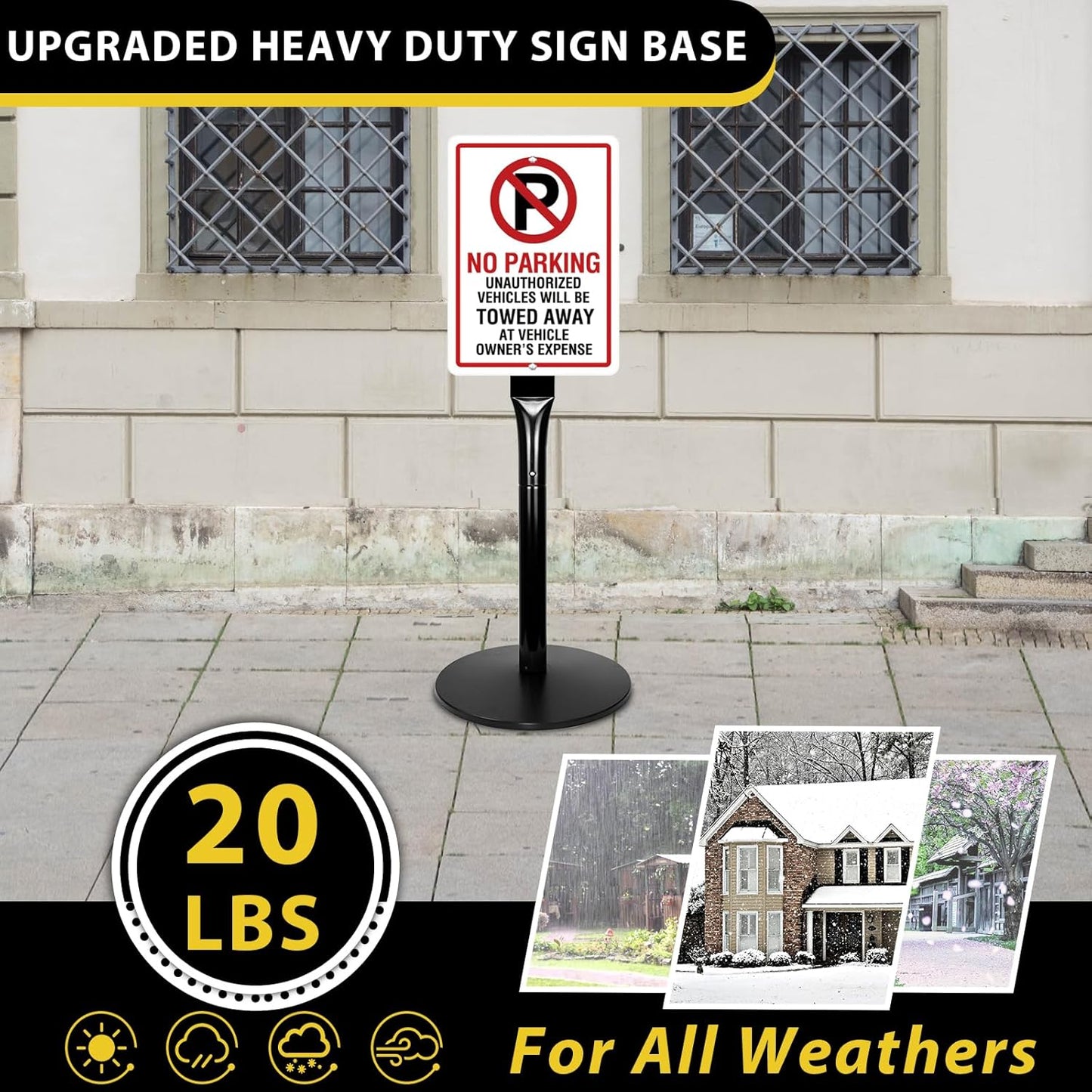 Parking Sign Stand with Base - 20 Lbs Cast Iron Parking Sign Post for Hanging Traffic Construction Street Warning Notice, Movable Black Heavy Duty Base Stand for Outdoor Use, 2 Pack