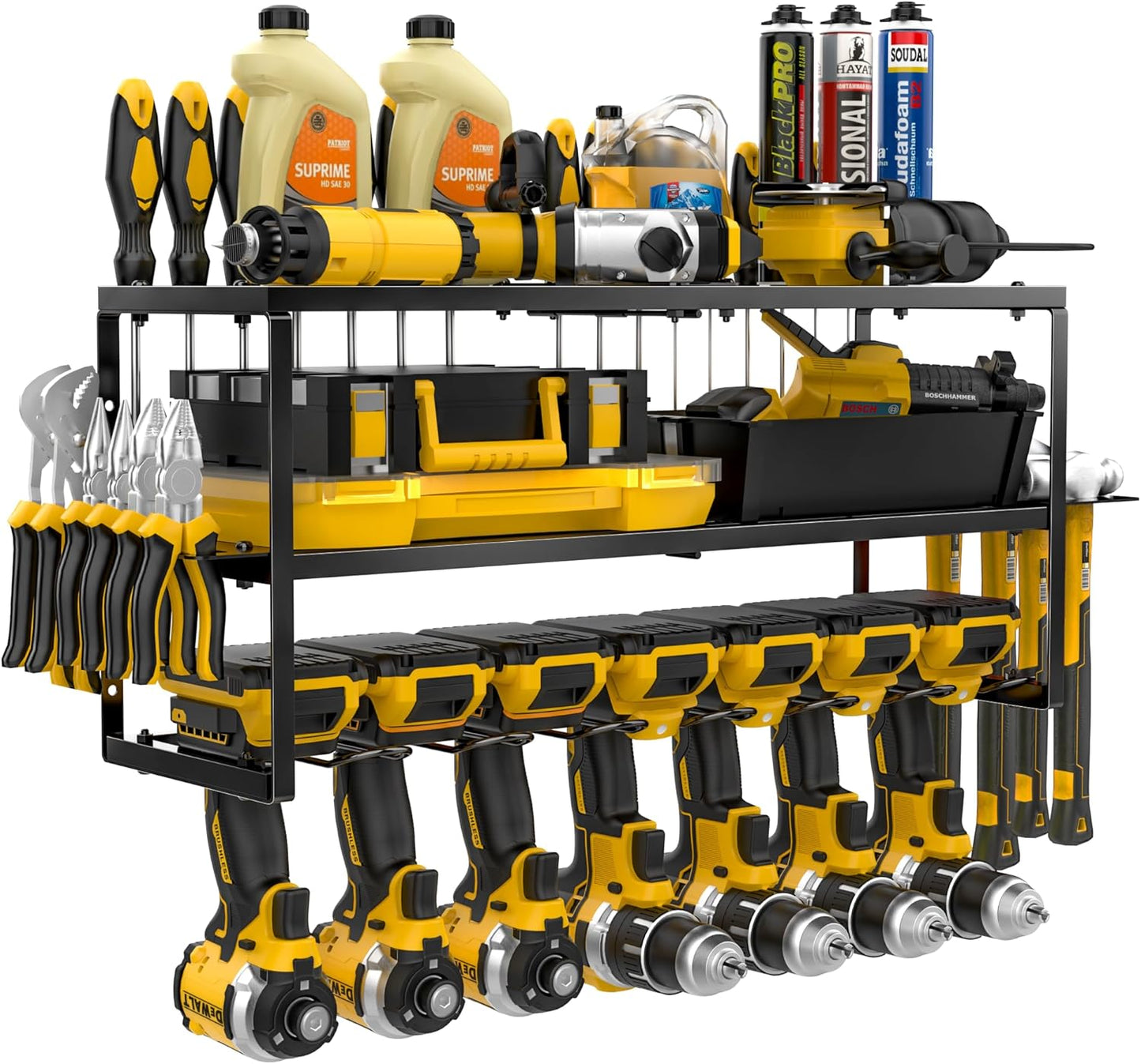Power Tool Organizer-7 Drill Holder Wall Mount, Garage Organization Storage, 3 Layer Heavy Duty Metal Power Tool Rack,Garage Tool Organizer with Screwdriver Plier Hammer Holder, Men Dad Gifts