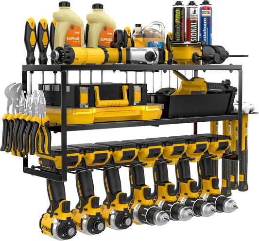 Power Tool Organizer-7 Drill Holder Wall Mount, Garage Organization Storage, 3 Layer Heavy Duty Metal Power Tool Rack,Garage Tool Organizer with Screwdriver Plier Hammer Holder, Men Dad Gifts