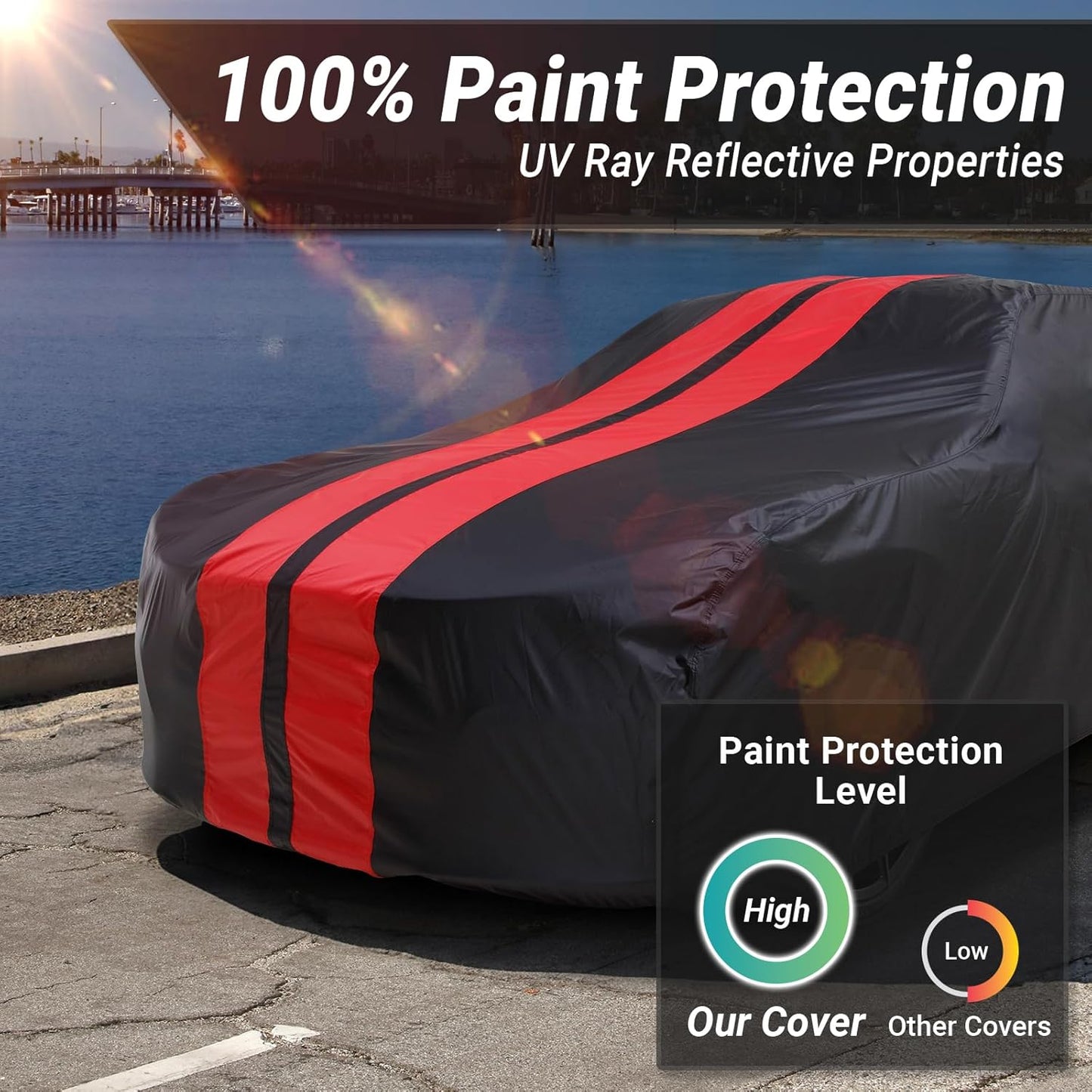 iCarCover Custom Car Cover for Pontiac Star Chief (1958-1966) Waterproof All-Weather Rain Snow UV Sun Protector Full Exterior Indoor Outdoor Car Cover (Stripe - Black/Red)