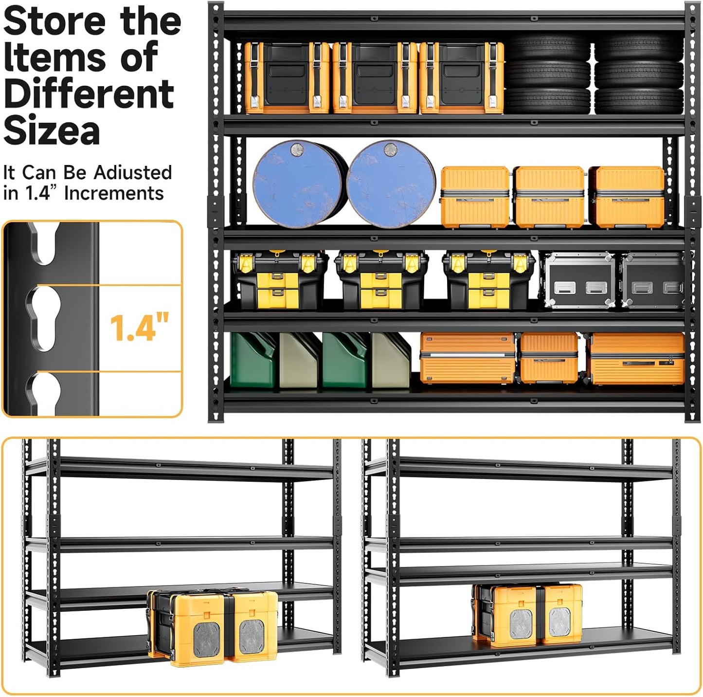 5-Tier 60”D X 20”W X 72”H Garage Shelving Heavy Duty 3000LBS Shop Shelves Heavy Duty Adjustable Unit Rack Metal Rack (Black)