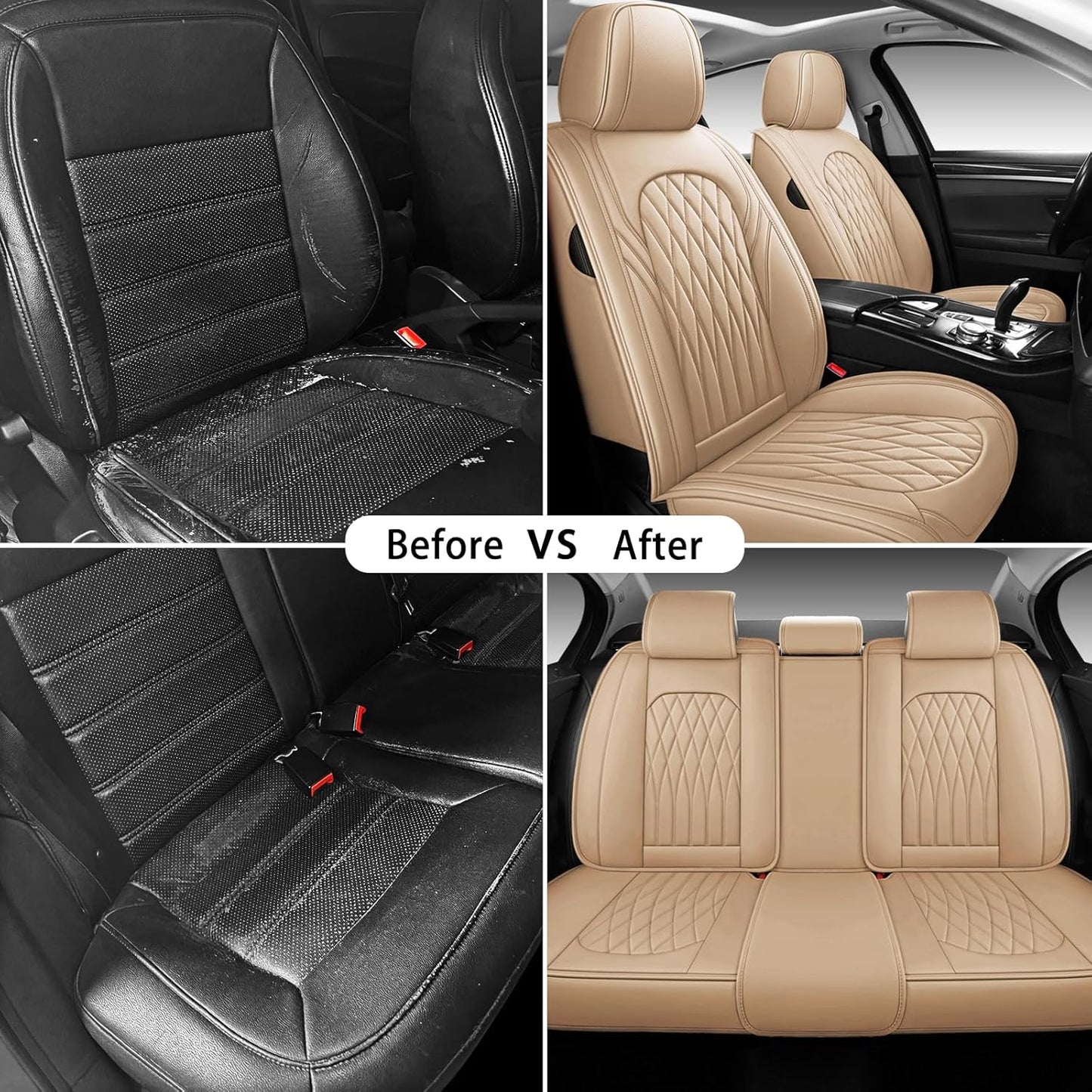 WELLDO Car Seat Covers Full Set, Leather Seat Covers for Cars, Car Seat Protector Waterproof, Non-Slip Car Interior Covers Full Set Universal Automotive Seat Covers for Most Cars SUVs, Beige